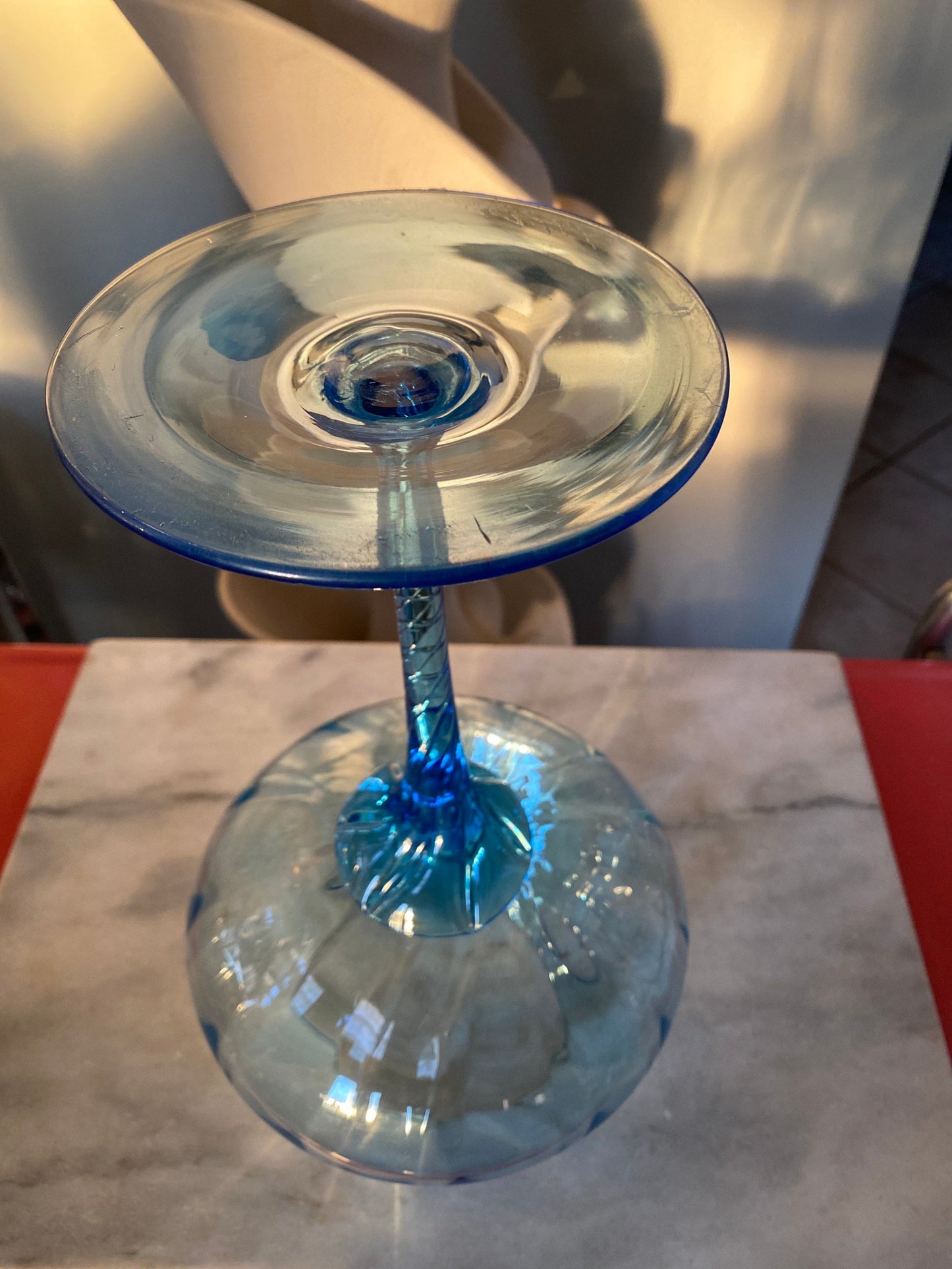 Vintage Retro MCM Turquoise Blown Glass Brandy Snifter / Vase 12” tall | Empoli Optic Ribbed Swia Snifter Vace | Mid Century Modern