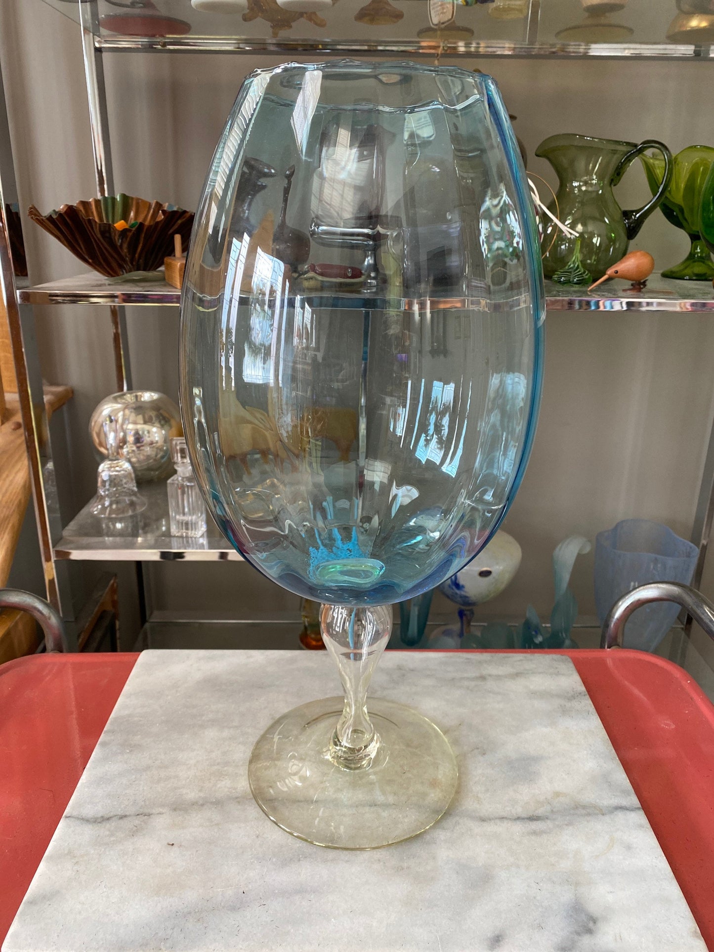 Mid Century Empoli Oversize Glass Snifter Goblet | Aqua Optic Stipe Art Gkass w Clear Pedeatal Base | 19” x 9”
