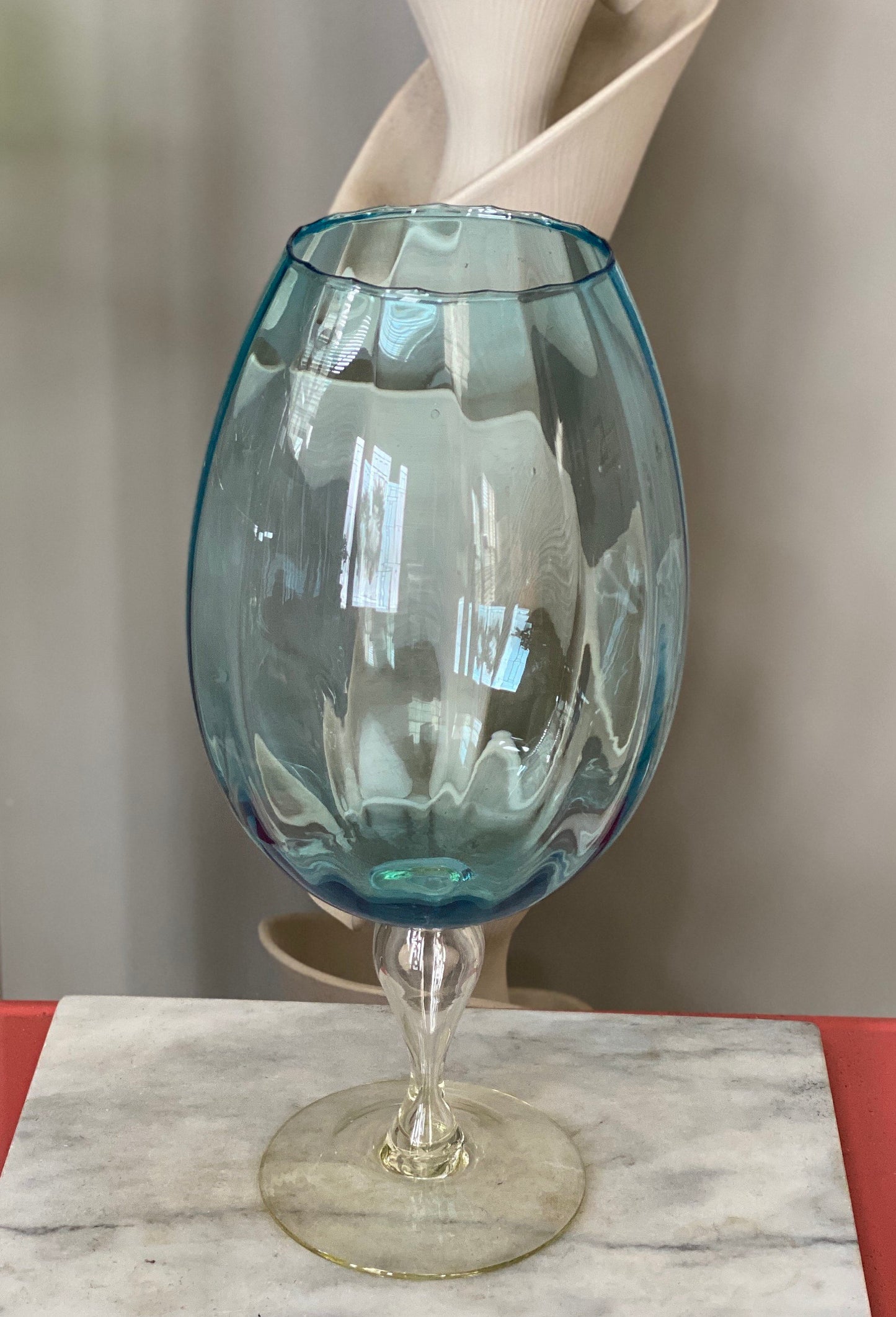 Mid Century Empoli Oversize Glass Snifter Goblet | Aqua Optic Stipe Art Gkass w Clear Pedeatal Base | 19” x 9”