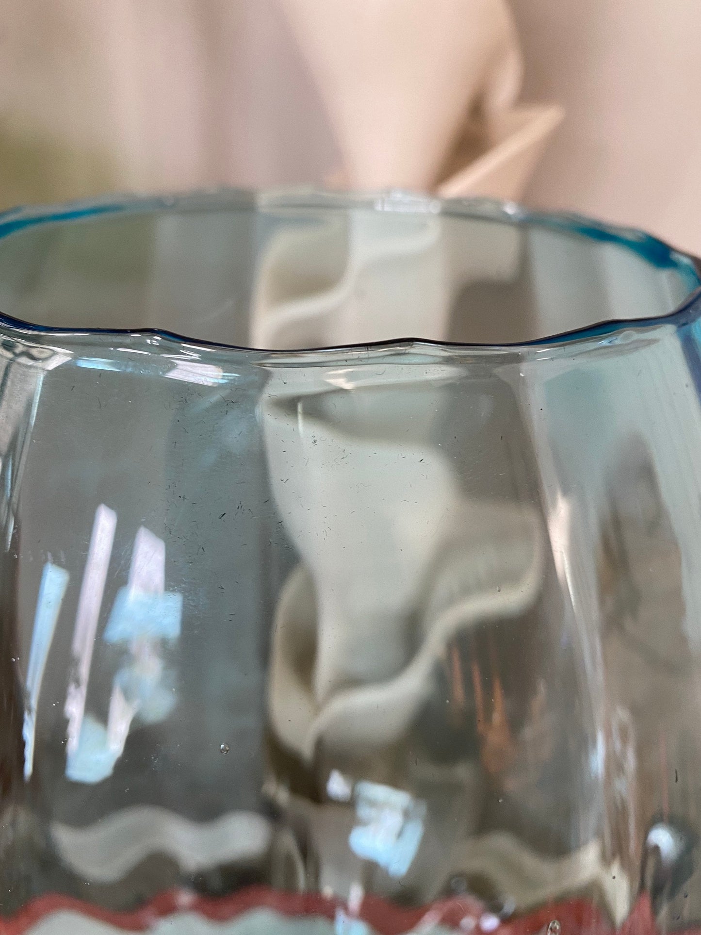 Mid Century Empoli Oversize Glass Snifter Goblet | Aqua Optic Stipe Art Gkass w Clear Pedeatal Base | 19” x 9”