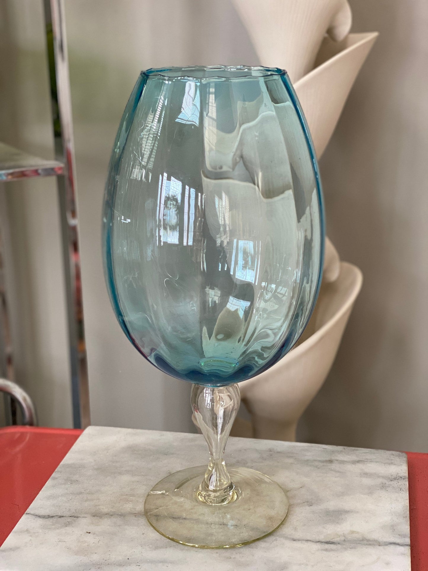 Mid Century Empoli Oversize Glass Snifter Goblet | Aqua Optic Stipe Art Gkass w Clear Pedeatal Base | 19” x 9”