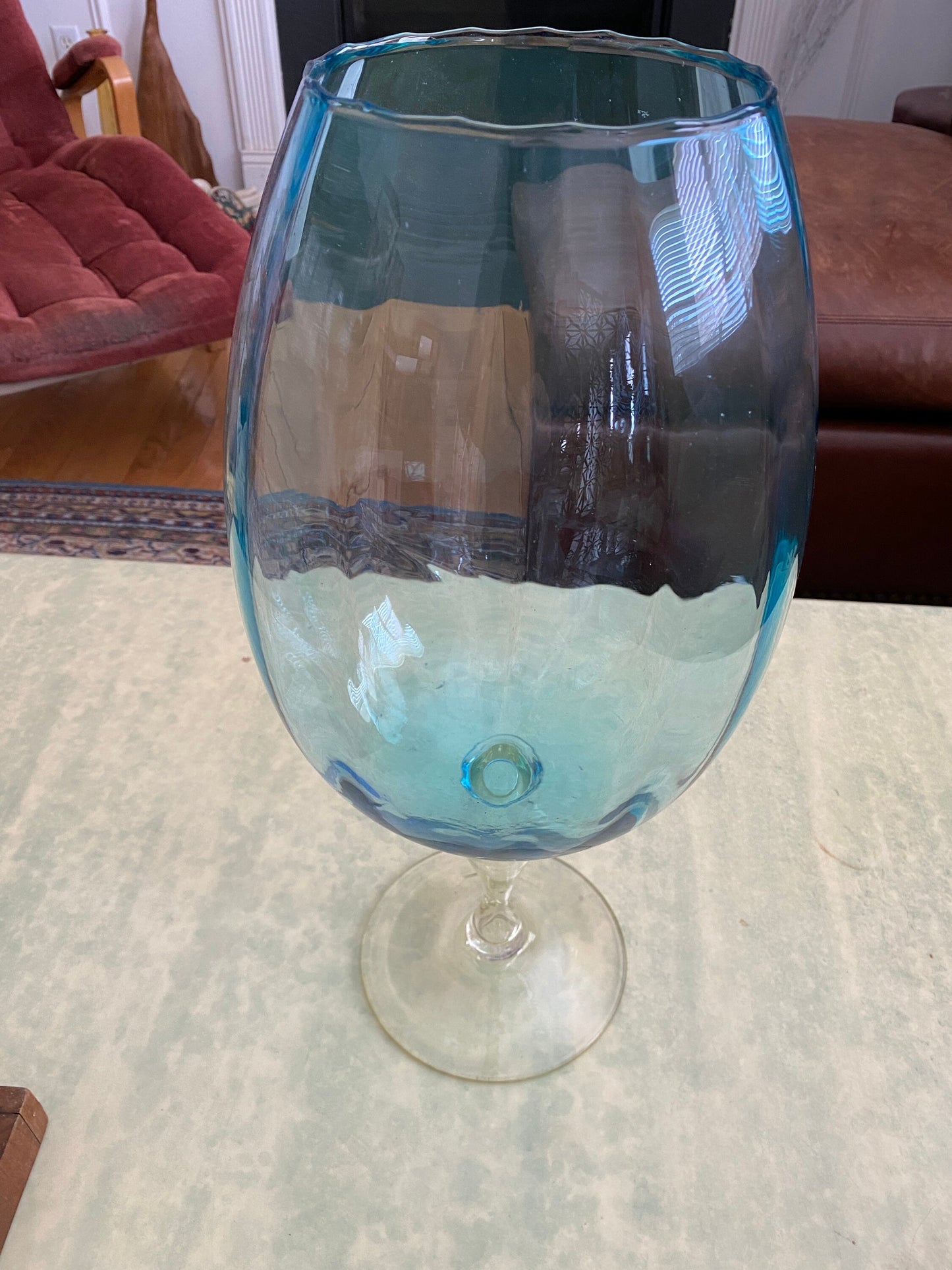 Mid Century Empoli Oversize Glass Snifter Goblet | Aqua Optic Stipe Art Gkass w Clear Pedeatal Base | 19” x 9”