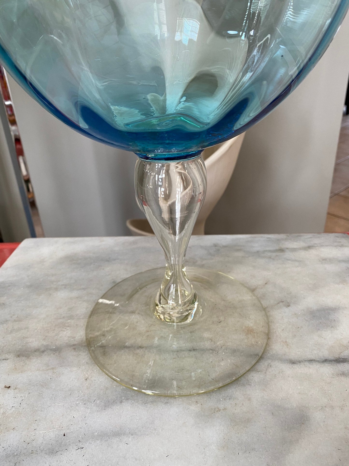 Mid Century Empoli Oversize Glass Snifter Goblet | Aqua Optic Stipe Art Gkass w Clear Pedeatal Base | 19” x 9”