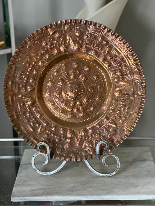 Vintage Embossed Copper Aztec Calendar Wall Plate | MCM Mexican Art
