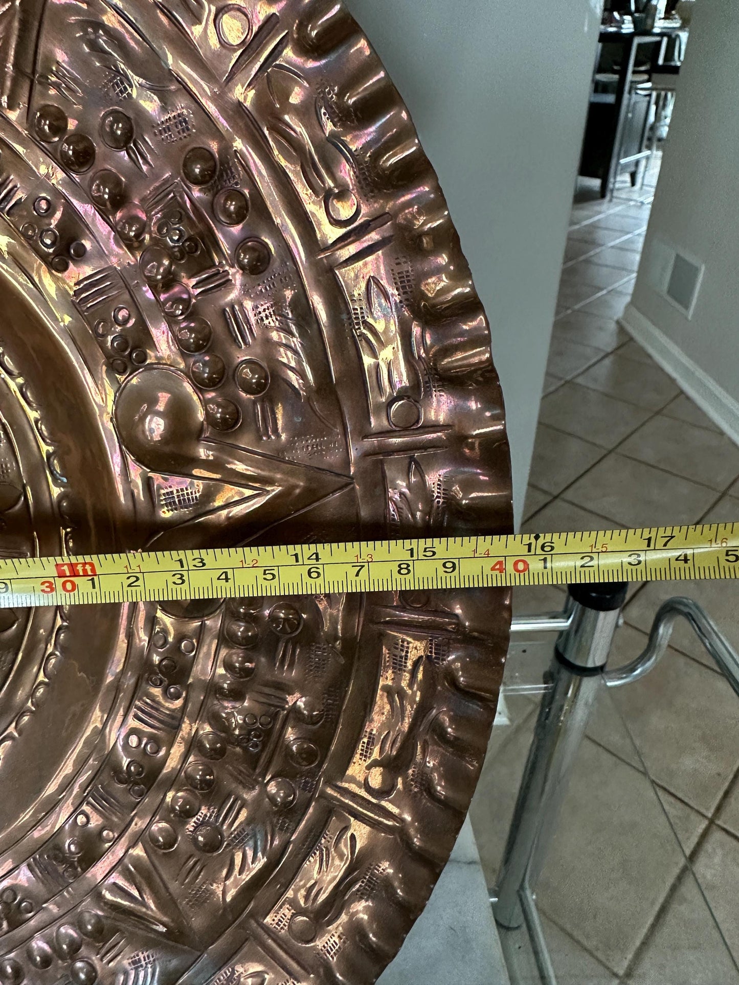 Vintage Embossed Copper Aztec Calendar Wall Plate | MCM Mexican Art