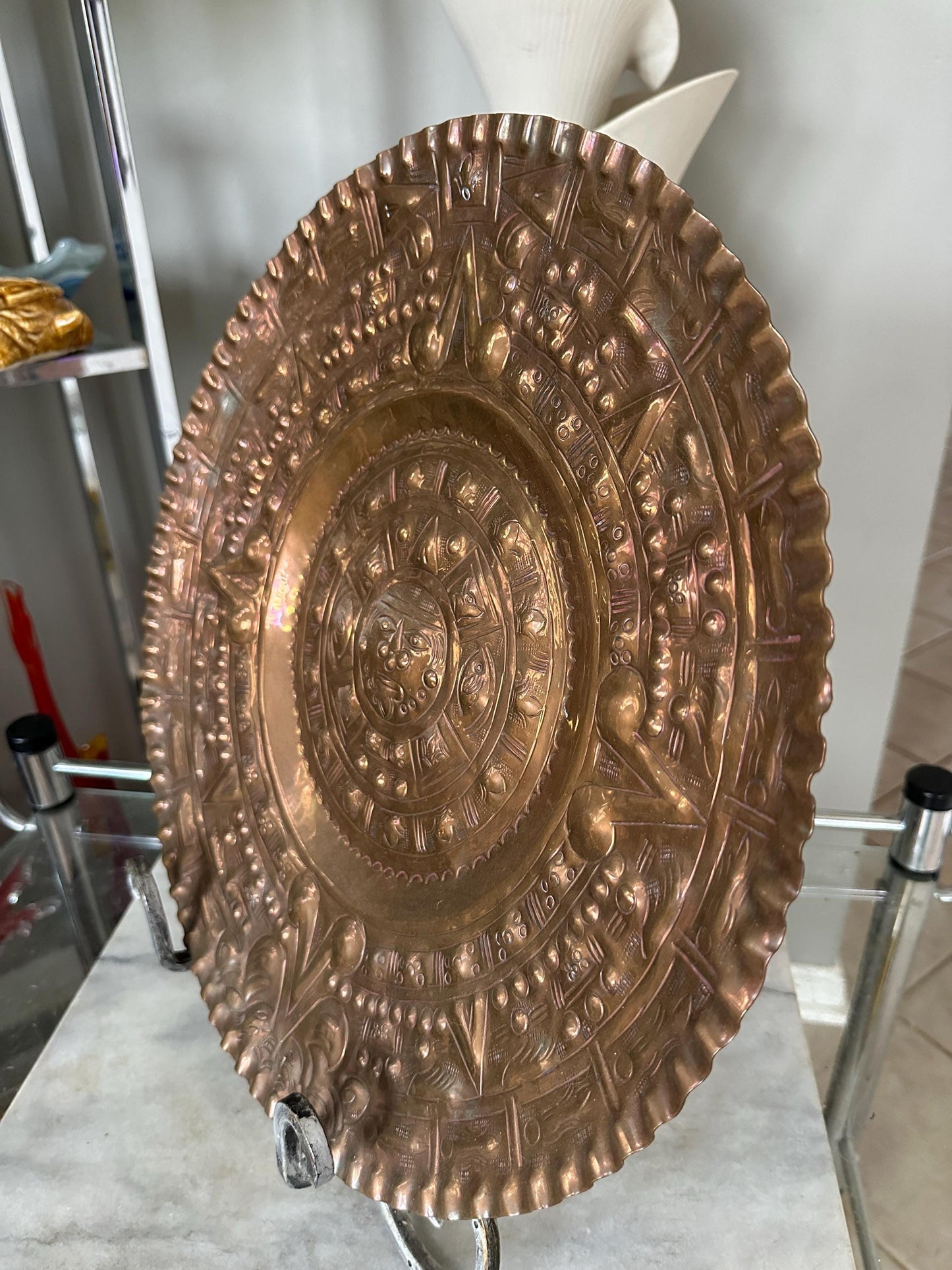 Vintage Embossed Copper Aztec Calendar Wall Plate | MCM Mexican Art