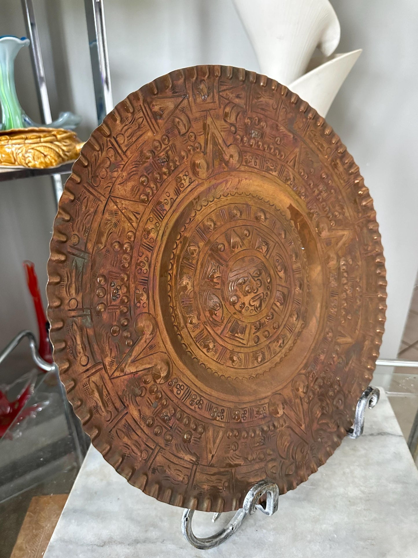 Vintage Embossed Copper Aztec Calendar Wall Plate | MCM Mexican Art