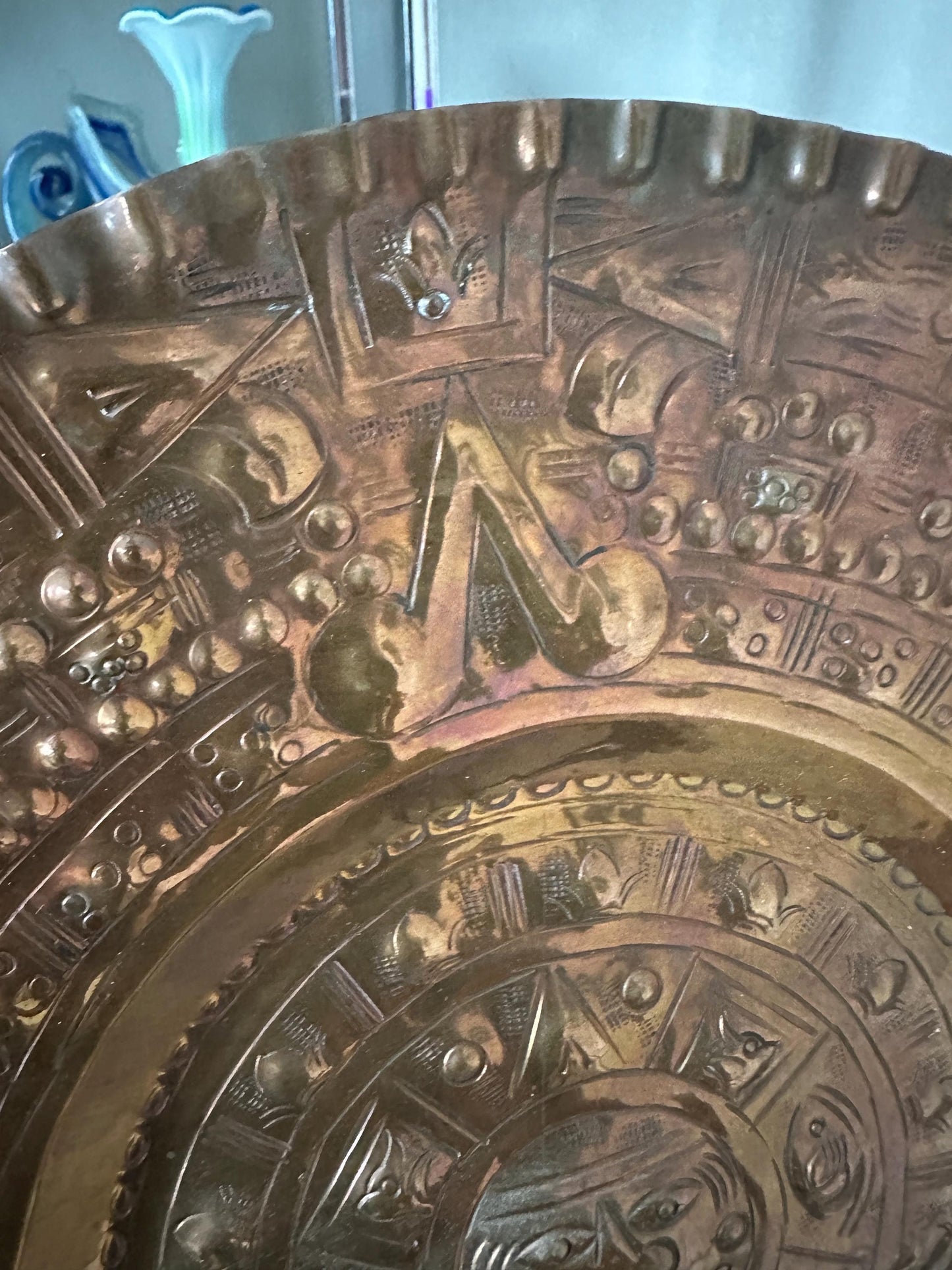 Vintage Embossed Copper Aztec Calendar Wall Plate | MCM Mexican Art