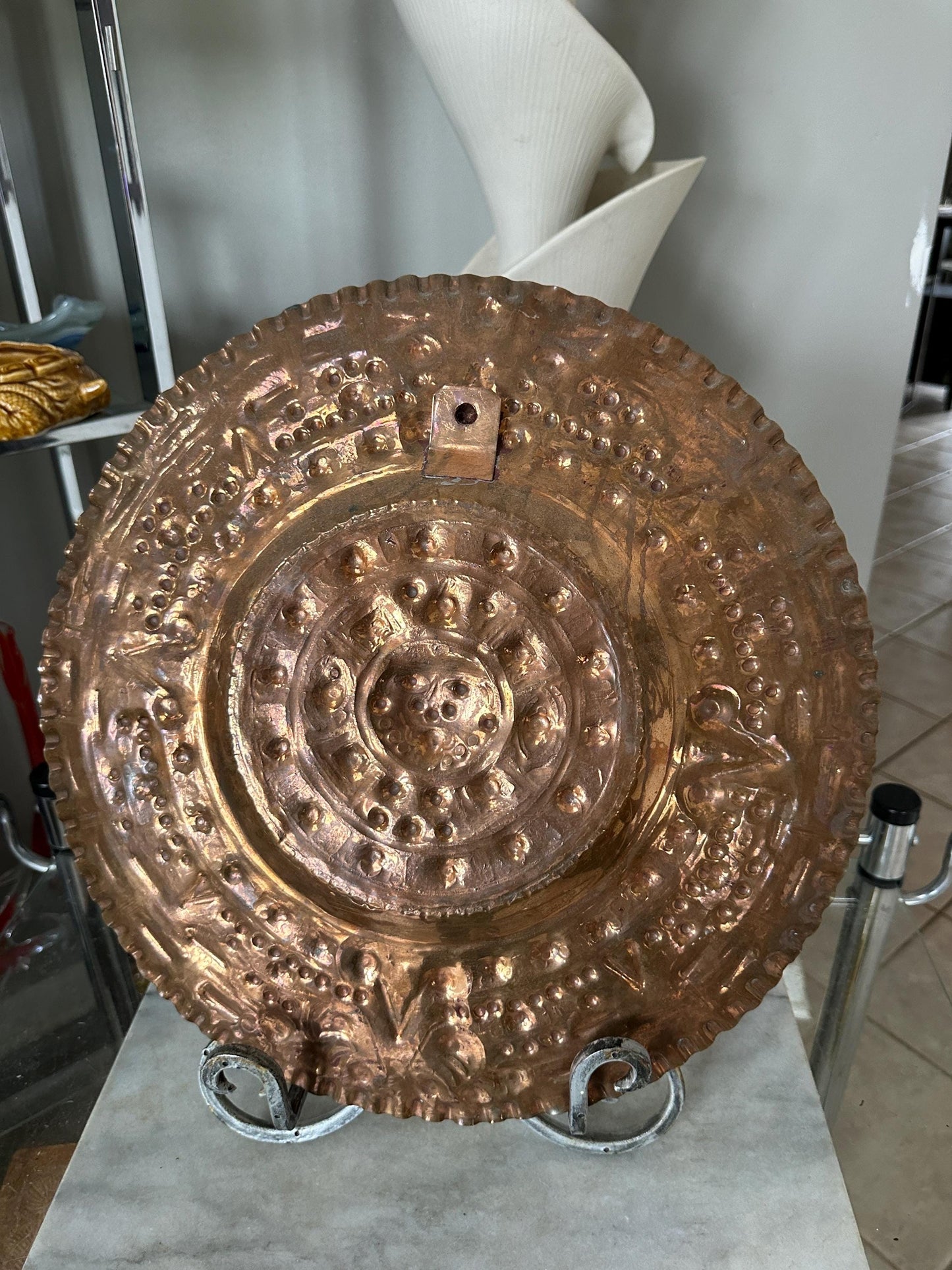 Vintage Embossed Copper Aztec Calendar Wall Plate | MCM Mexican Art