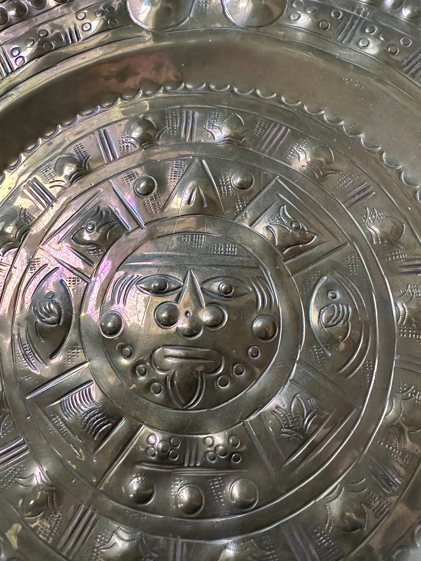 Vintage Embossed Copper Aztec Calendar Wall Plate | MCM Mexican Art