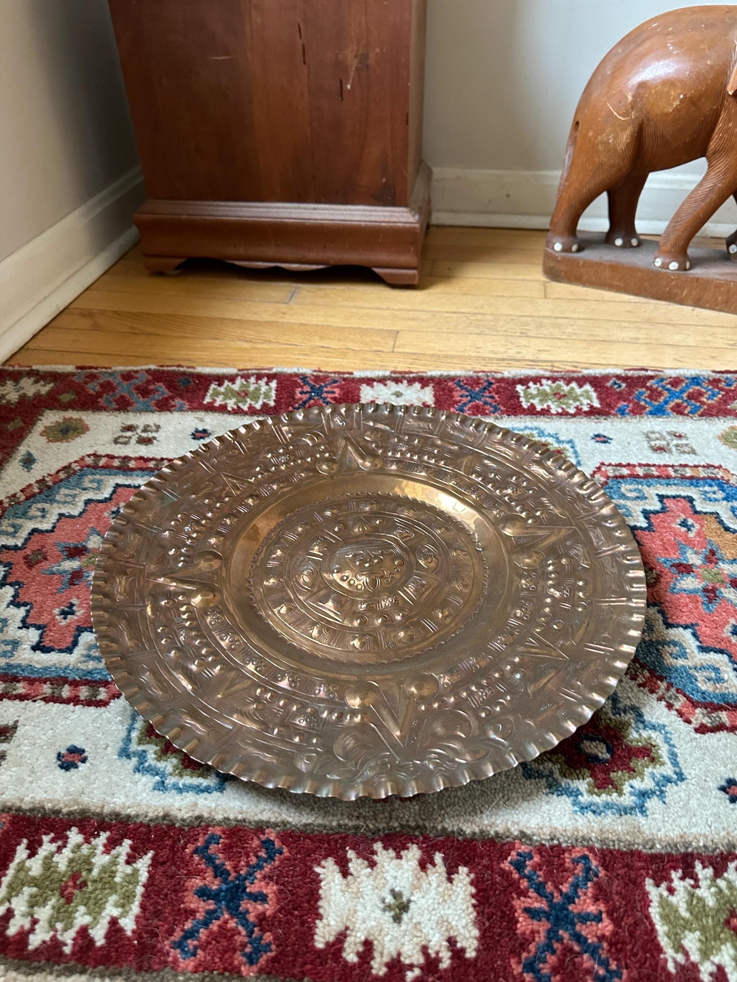 Vintage Embossed Copper Aztec Calendar Wall Plate | MCM Mexican Art
