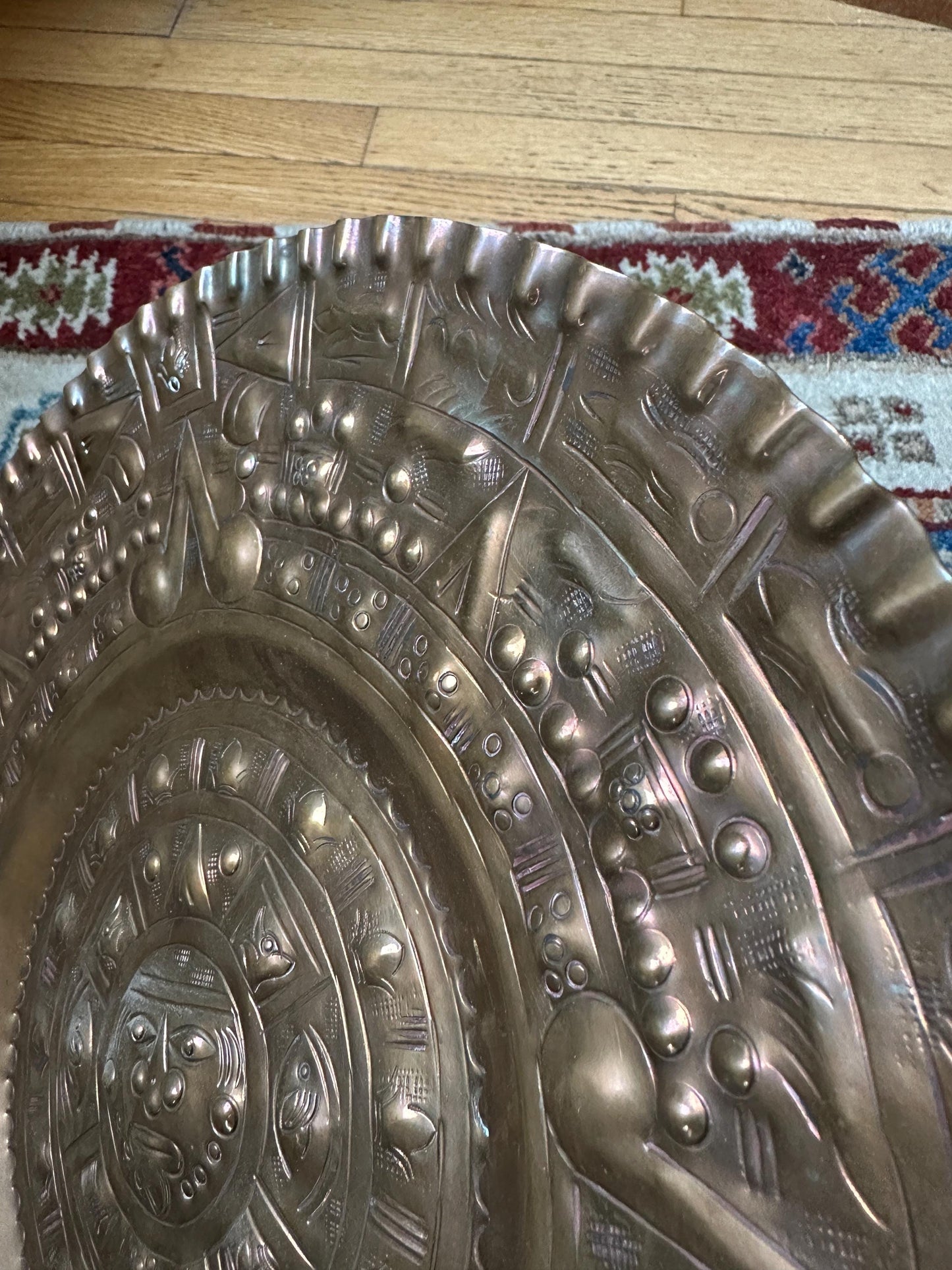 Vintage Embossed Copper Aztec Calendar Wall Plate | MCM Mexican Art