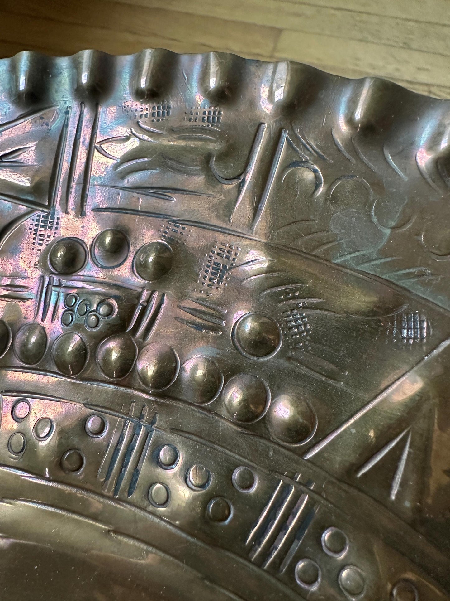 Vintage Embossed Copper Aztec Calendar Wall Plate | MCM Mexican Art