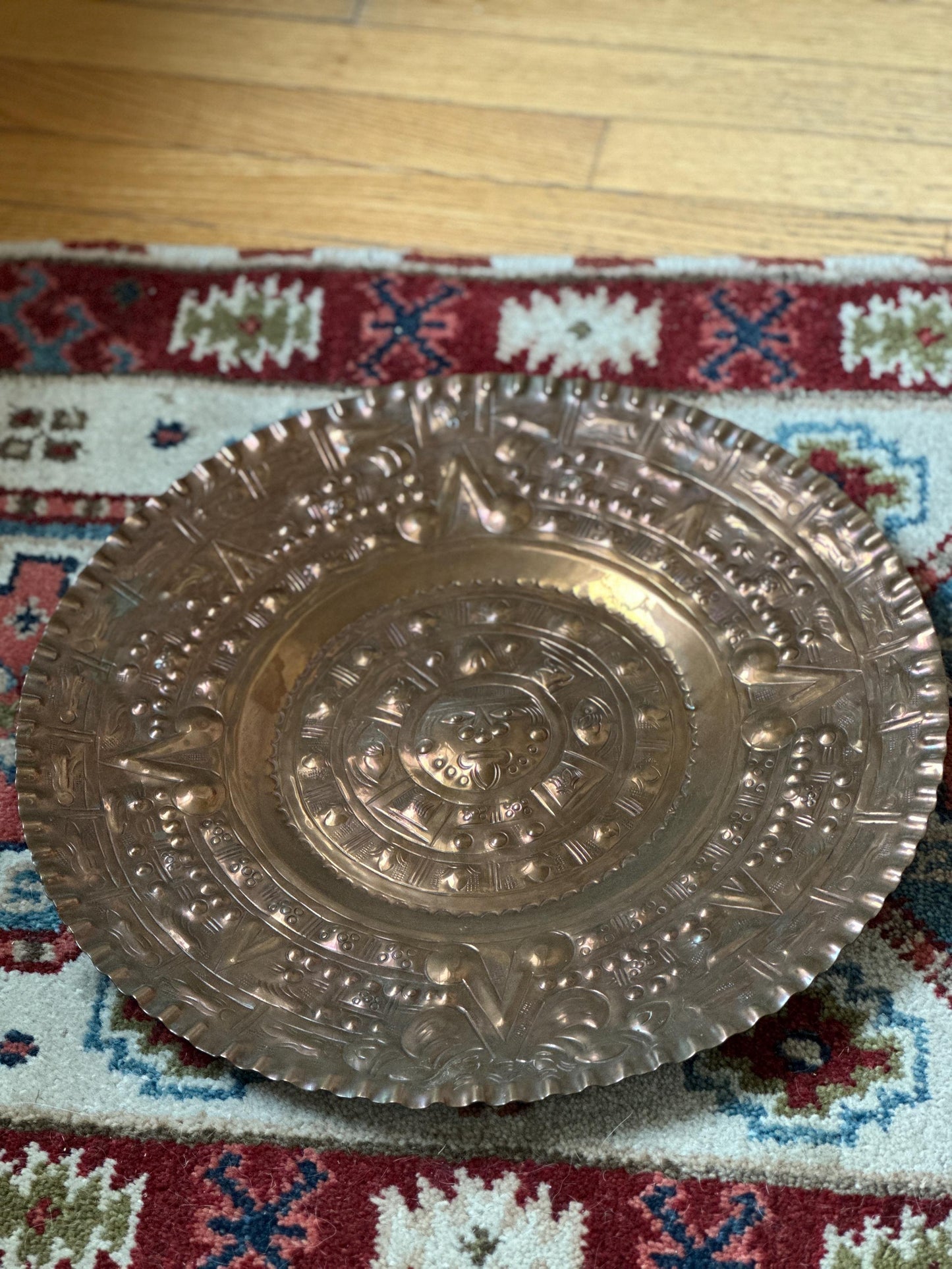 Vintage Embossed Copper Aztec Calendar Wall Plate | MCM Mexican Art