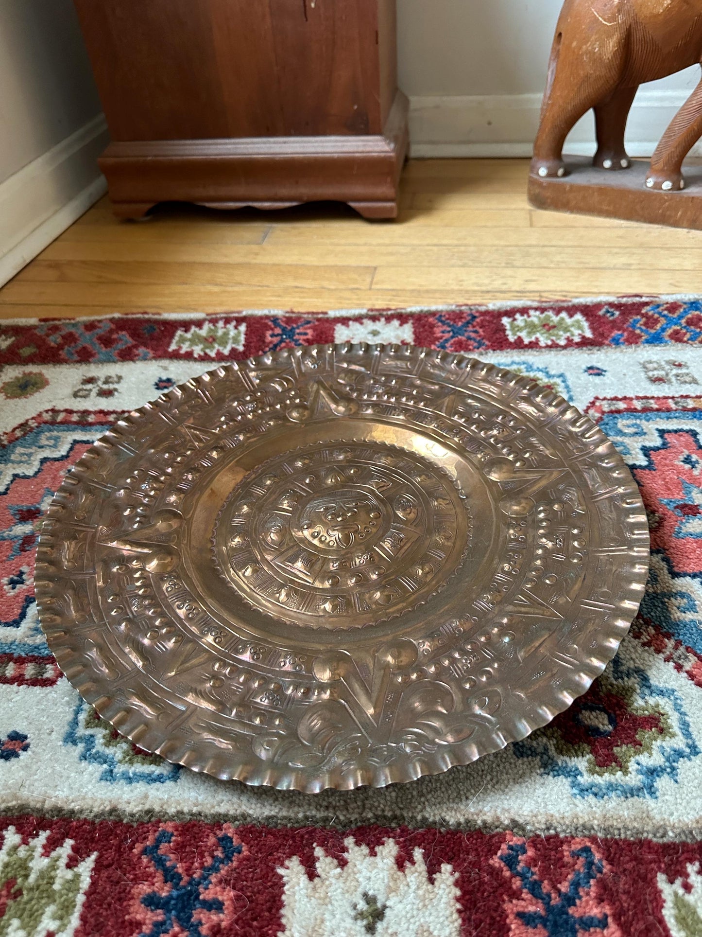 Vintage Embossed Copper Aztec Calendar Wall Plate | MCM Mexican Art