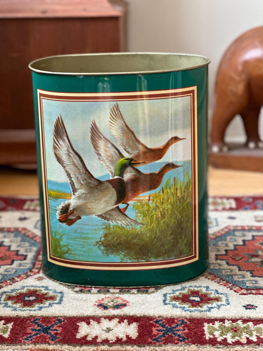 1980s Cheinco Tin Wastebasket – Duck Motif, Mid-Century Decor