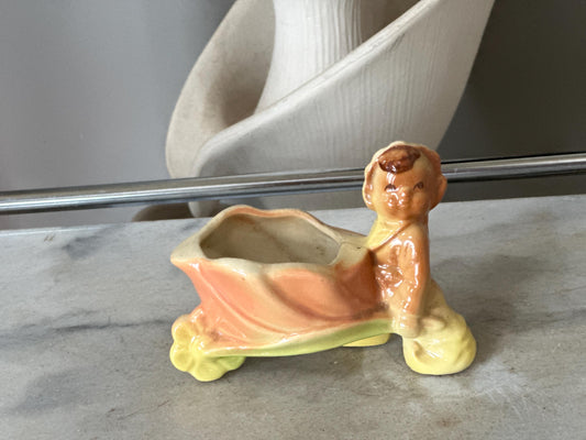 Vintage Pixie / w Wheelbarrow with Flower Wheel Planter
