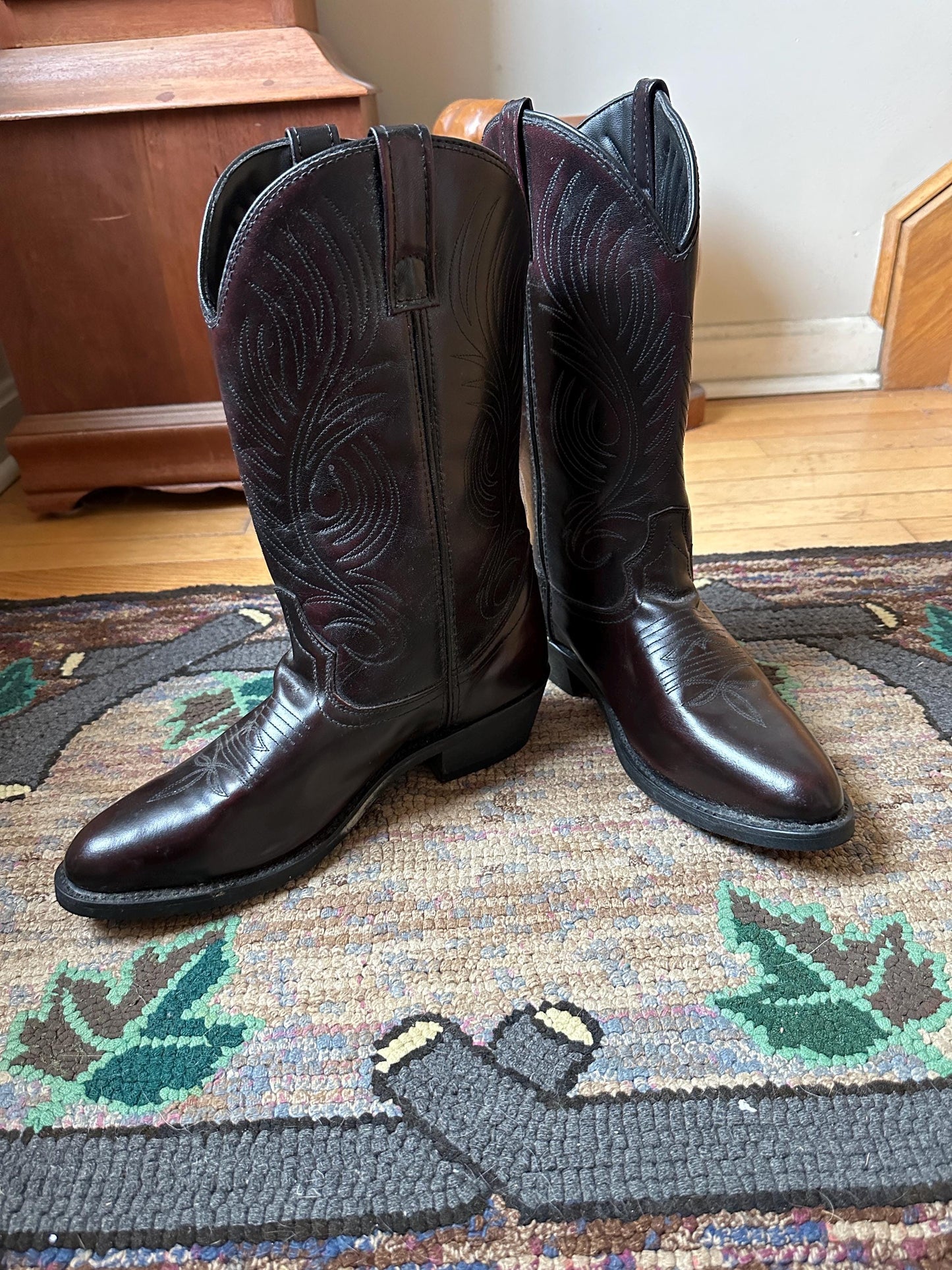 Vintage Mens Dark Brown Leather Cowboy Boots | Size 9D