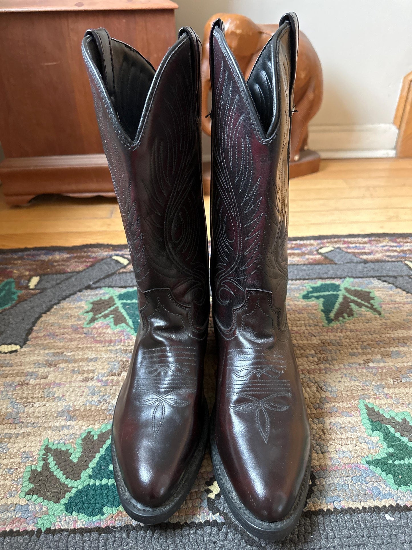 Vintage Mens Dark Brown Leather Cowboy Boots | Size 9D
