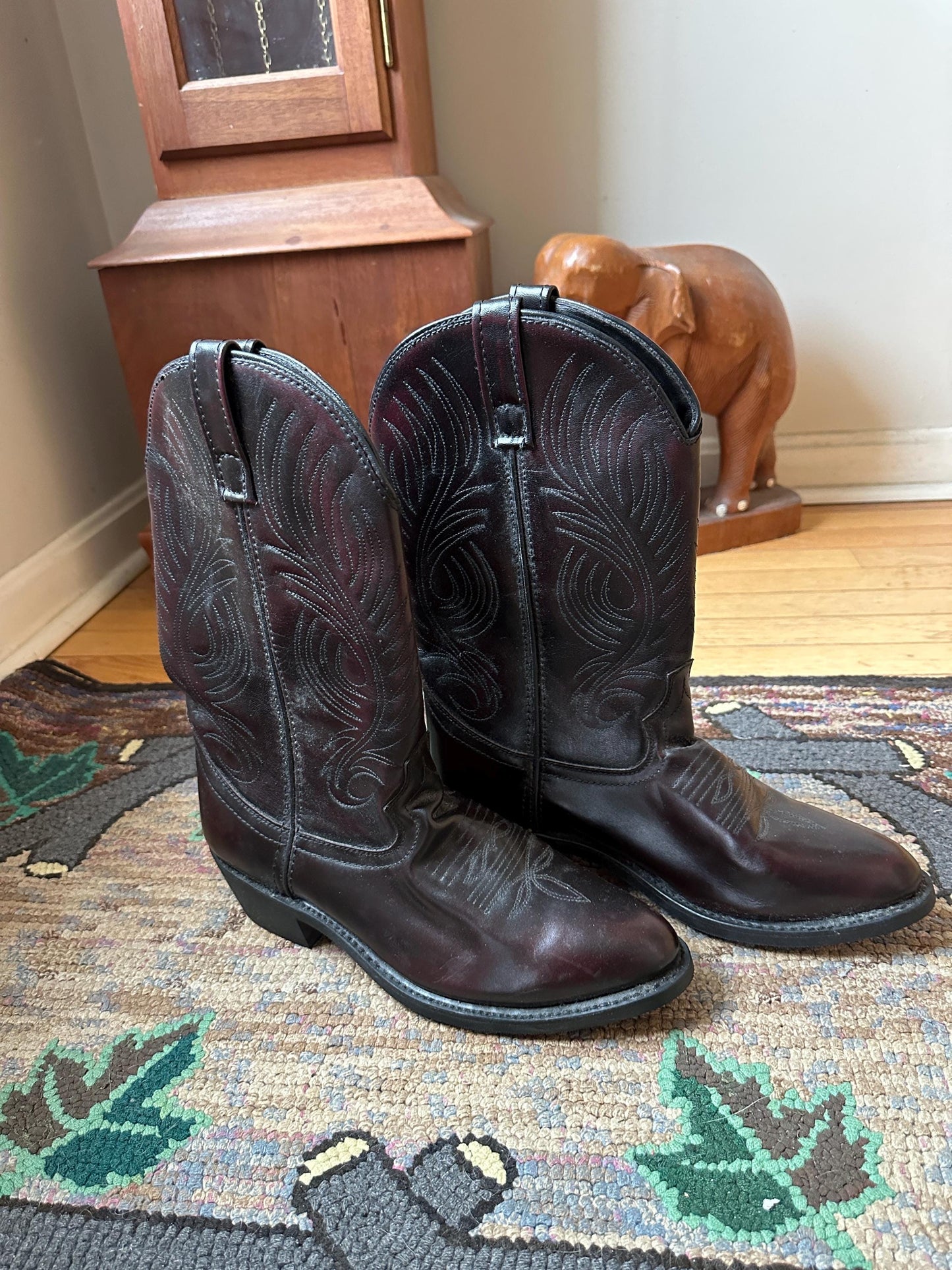 Vintage Mens Dark Brown Leather Cowboy Boots | Size 9D