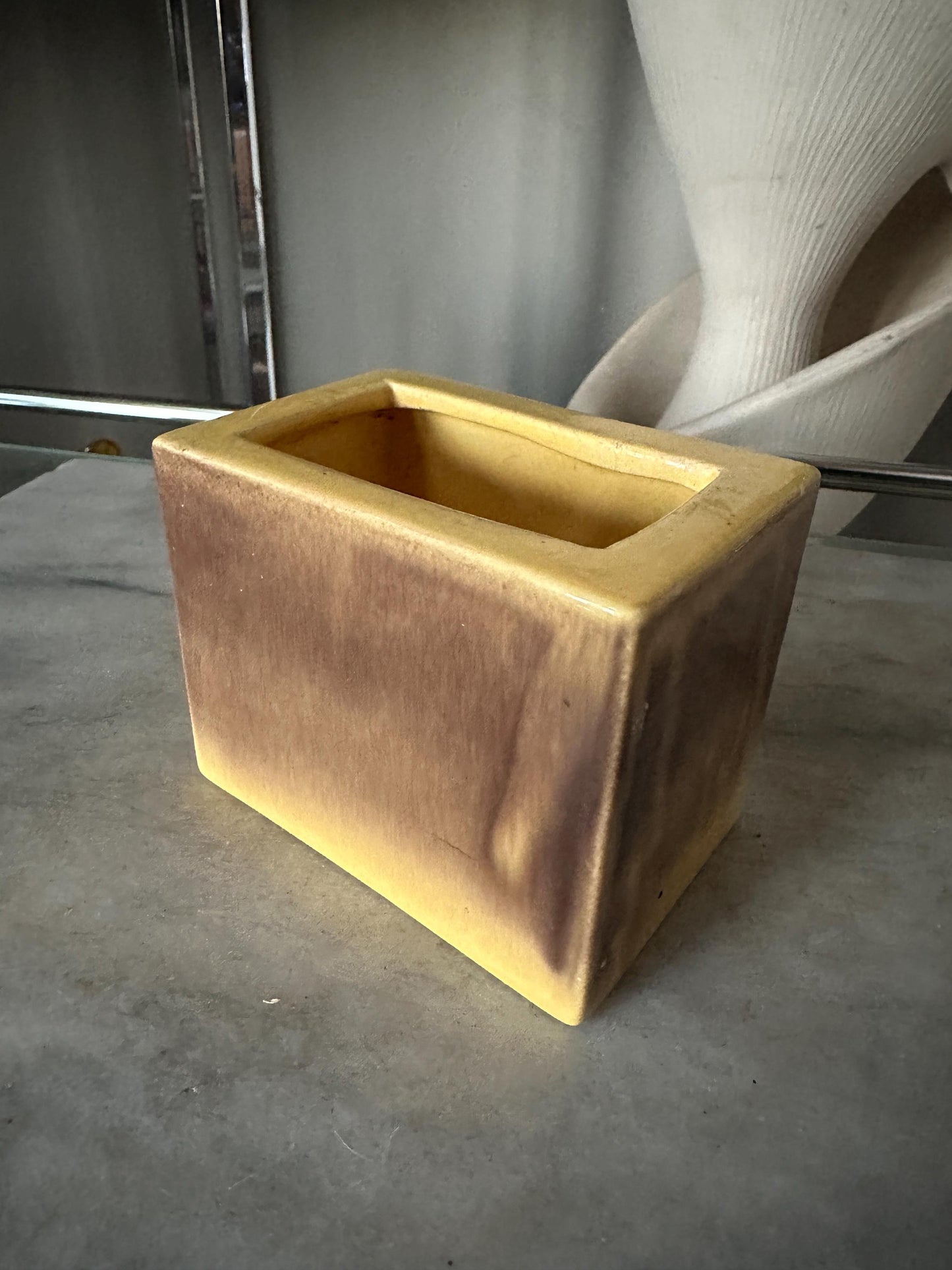 Vintage Covina Valif Pottery Planter: Yellow Brown Ombré Drip Glaze