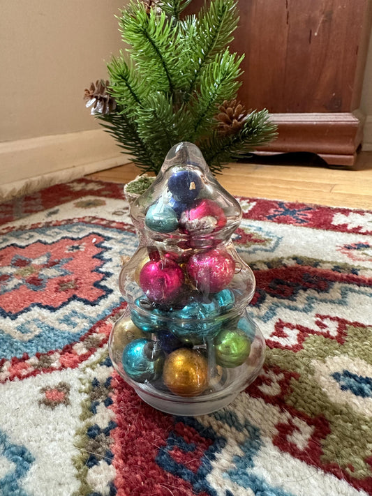 Small Glass Christmas Tree Jar w Mini Mercury Glass Ornaments Christmas Decor, Candy Dish, candy jar, Anchor Hocking, Mantel decor