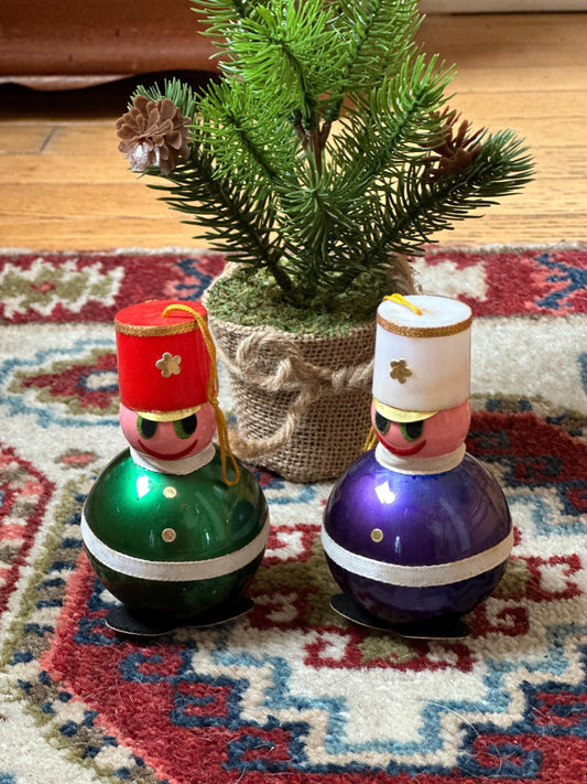 Vintage MCM Christmas Soldier Ornaments, Set of 2, Hong Kong Plastic Decor
