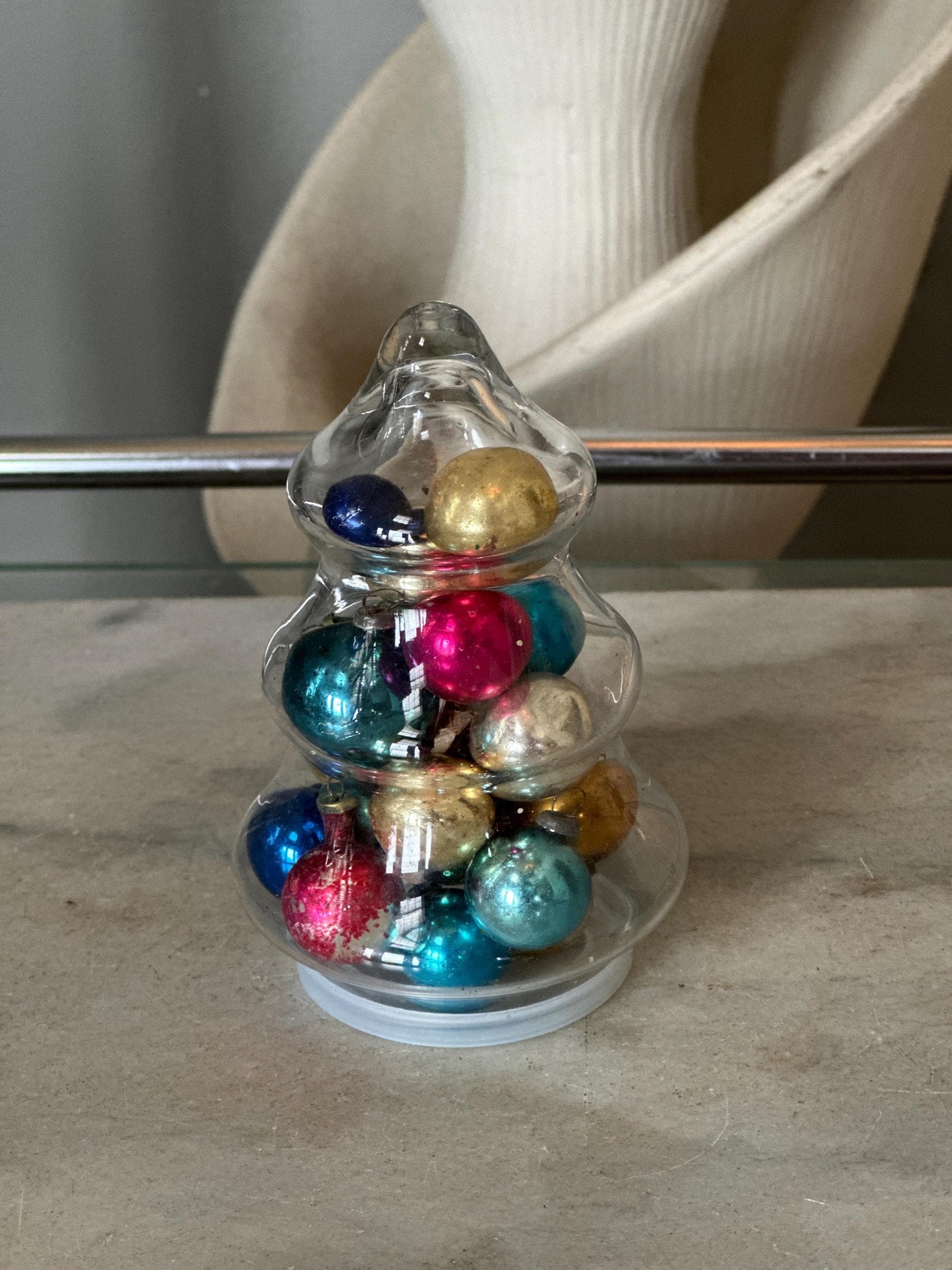 Small Glass Christmas Tree Jar w Mini Mercury Glass Ornaments Christmas Decor, Candy Dish, candy jar, Anchor Hocking, Mantel decor
