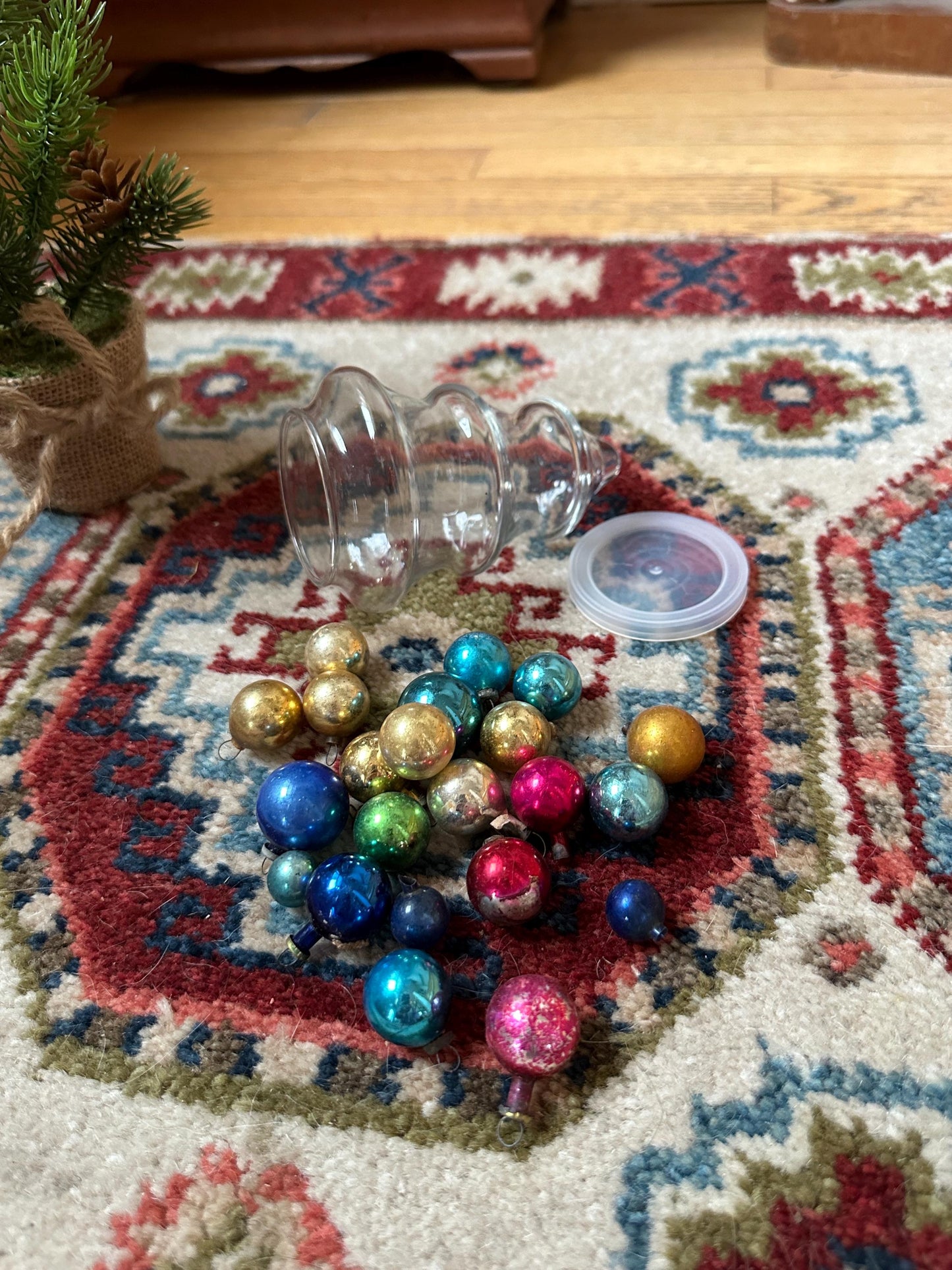 Small Glass Christmas Tree Jar w Mini Mercury Glass Ornaments Christmas Decor, Candy Dish, candy jar, Anchor Hocking, Mantel decor