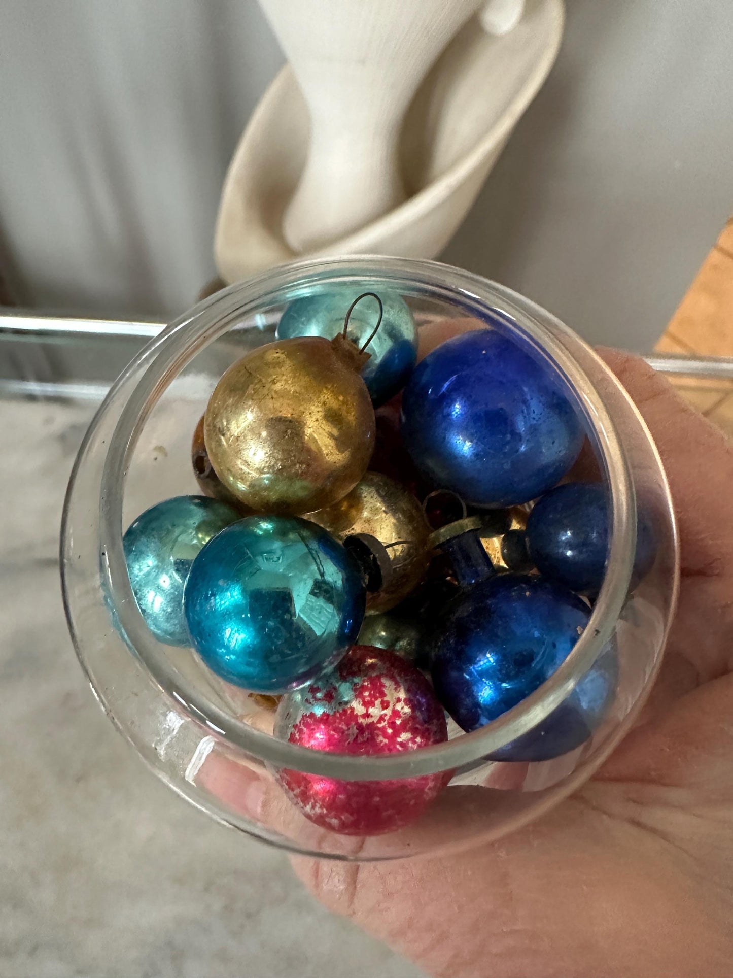 Small Glass Christmas Tree Jar w Mini Mercury Glass Ornaments Christmas Decor, Candy Dish, candy jar, Anchor Hocking, Mantel decor