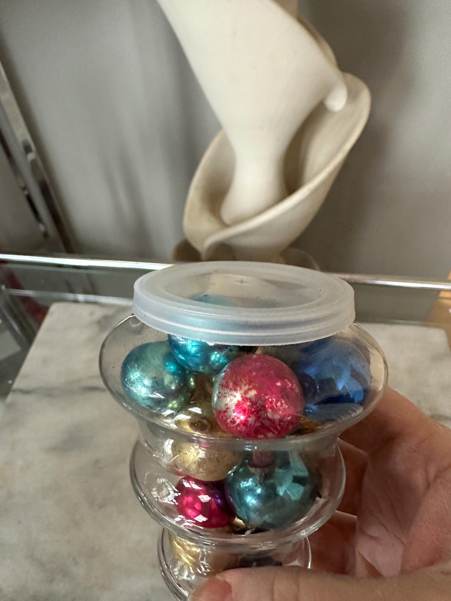 Small Glass Christmas Tree Jar w Mini Mercury Glass Ornaments Christmas Decor, Candy Dish, candy jar, Anchor Hocking, Mantel decor