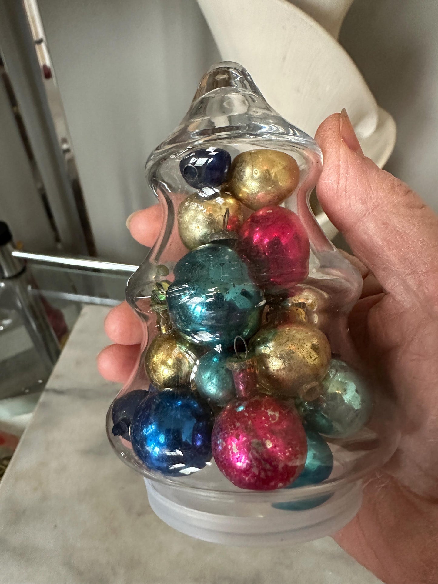 Small Glass Christmas Tree Jar w Mini Mercury Glass Ornaments Christmas Decor, Candy Dish, candy jar, Anchor Hocking, Mantel decor