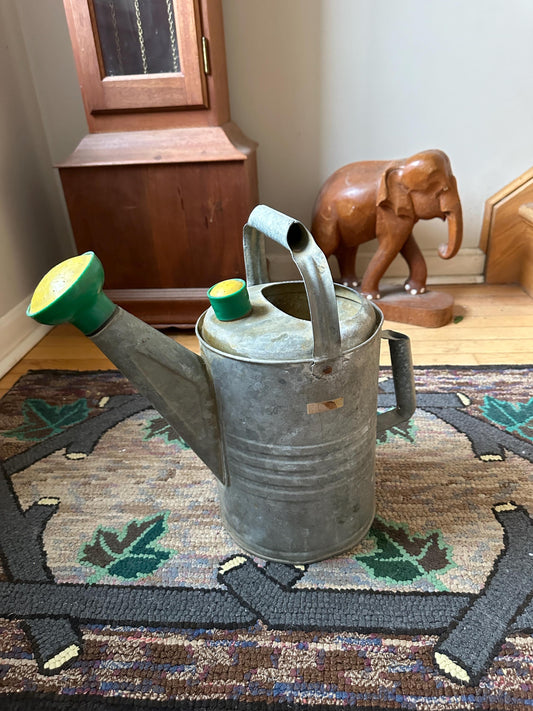 Vintage Galvanized Steel 8 Quart Watering Can | Farmhouse or Cottage Decor | Unique Green and Yellow Spout