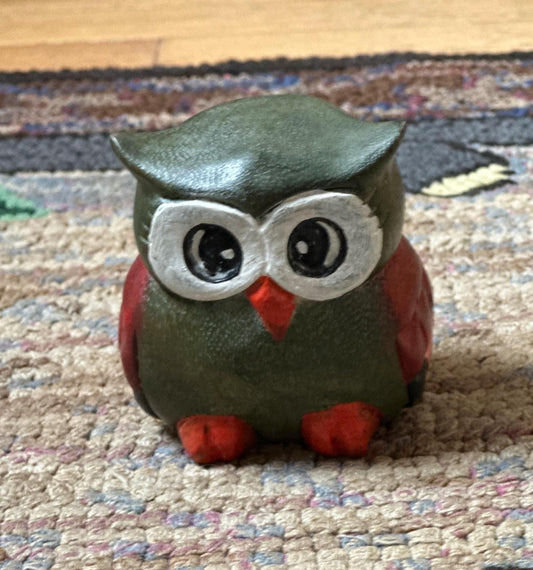 Whimsical Carved Wooden Owl Figurine | Owl Statue , Grey, White, Orange and Black