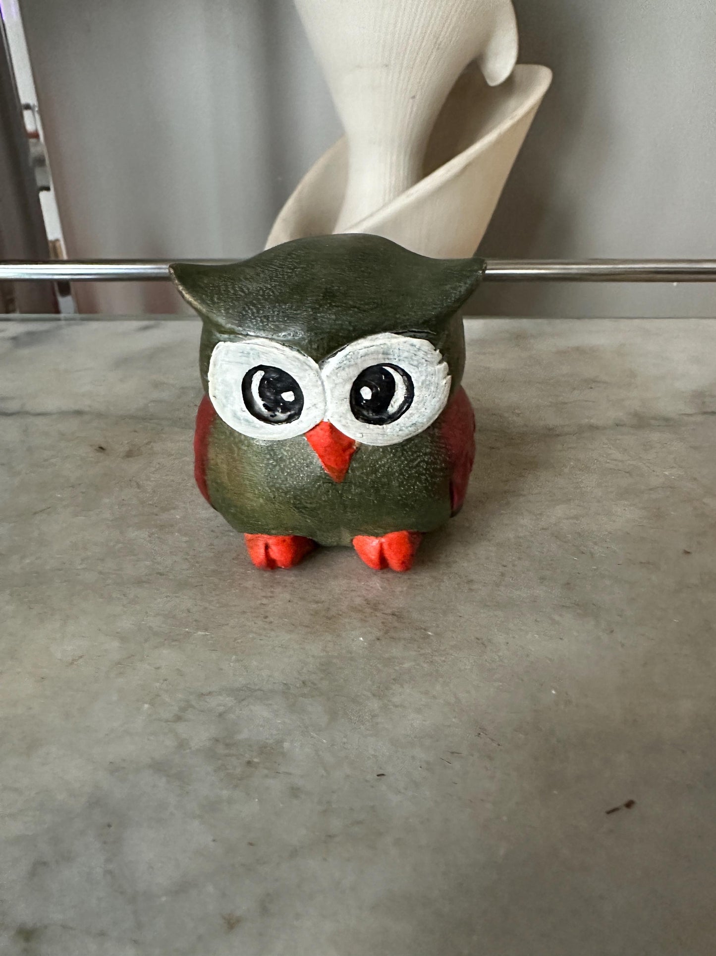 Whimsical Carved Wooden Owl Figurine | Owl Statue , Grey, White, Orange and Black