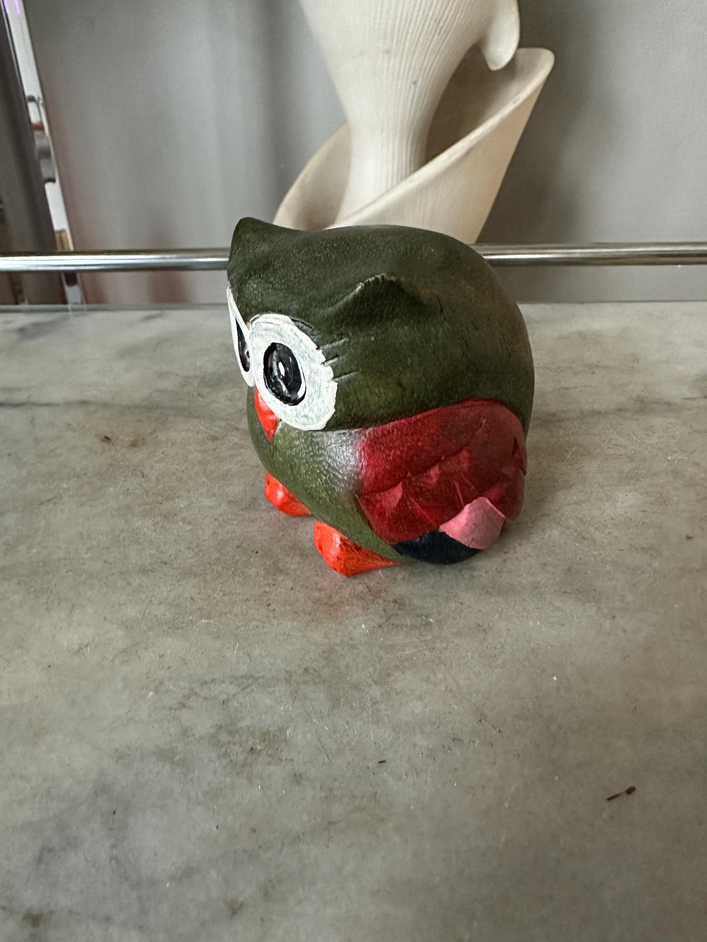 Whimsical Carved Wooden Owl Figurine | Owl Statue , Grey, White, Orange and Black