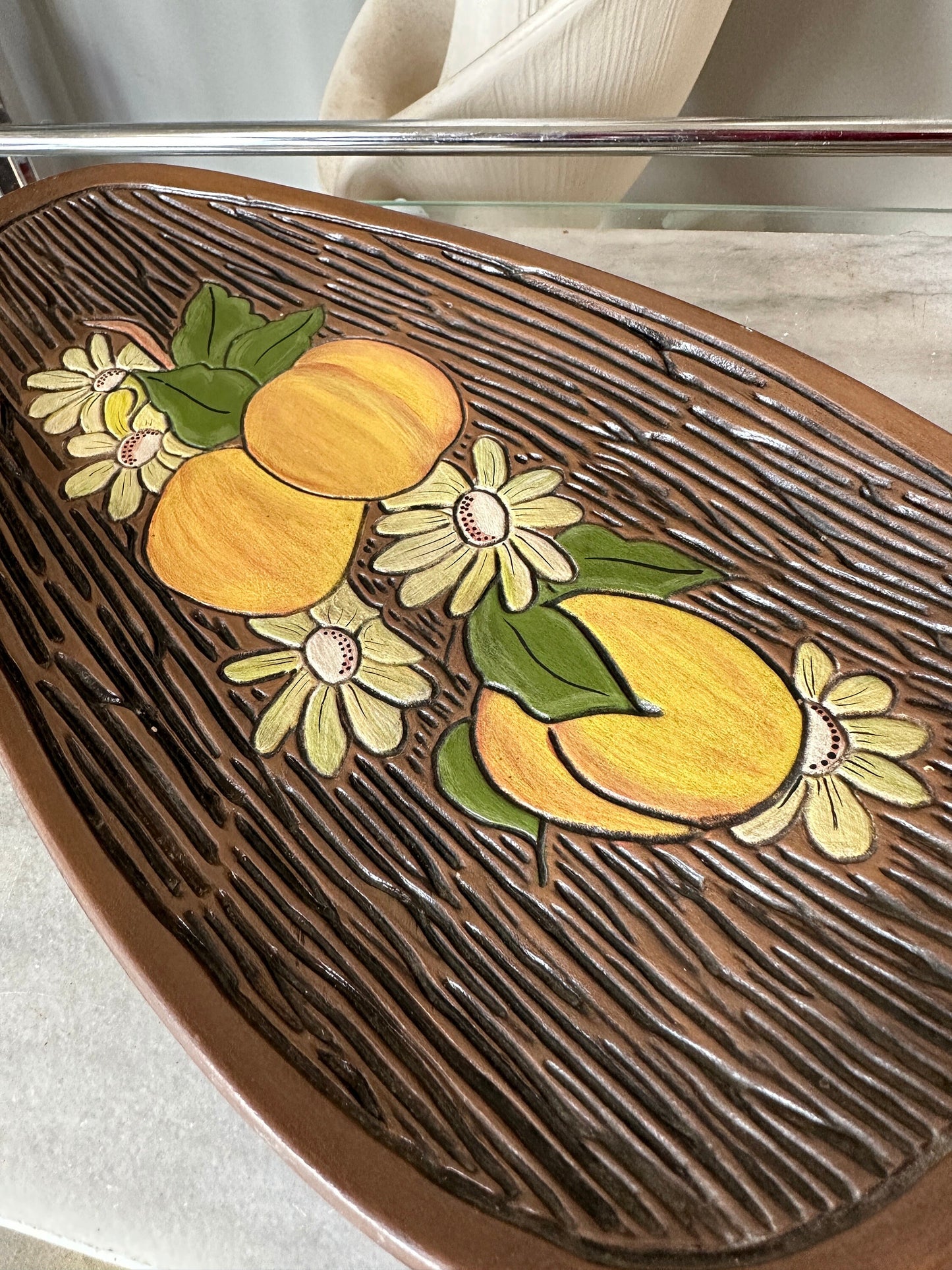 Vintage 1970s Groovy Flower Power Centerpiece Footed Dish by Haolland Mold | Hand Paibted Floral Footed Dish | Retro Catch All Dish