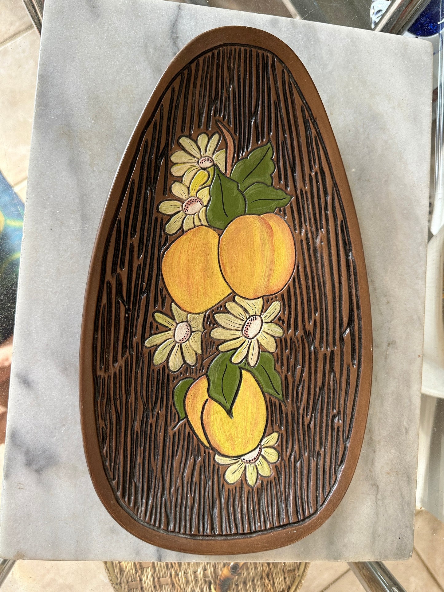 Vintage 1970s Groovy Flower Power Centerpiece Footed Dish by Haolland Mold | Hand Paibted Floral Footed Dish | Retro Catch All Dish