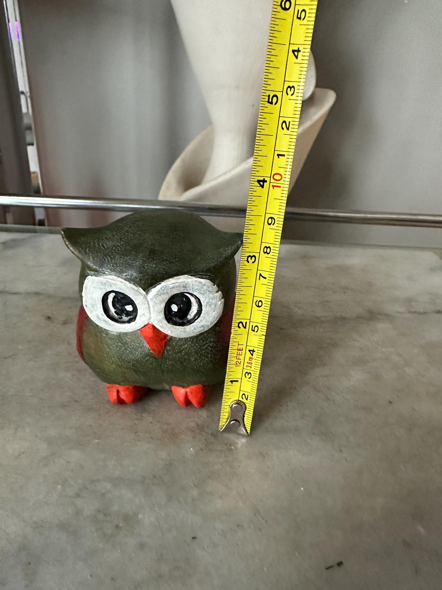 Whimsical Carved Wooden Owl Figurine | Owl Statue , Grey, White, Orange and Black