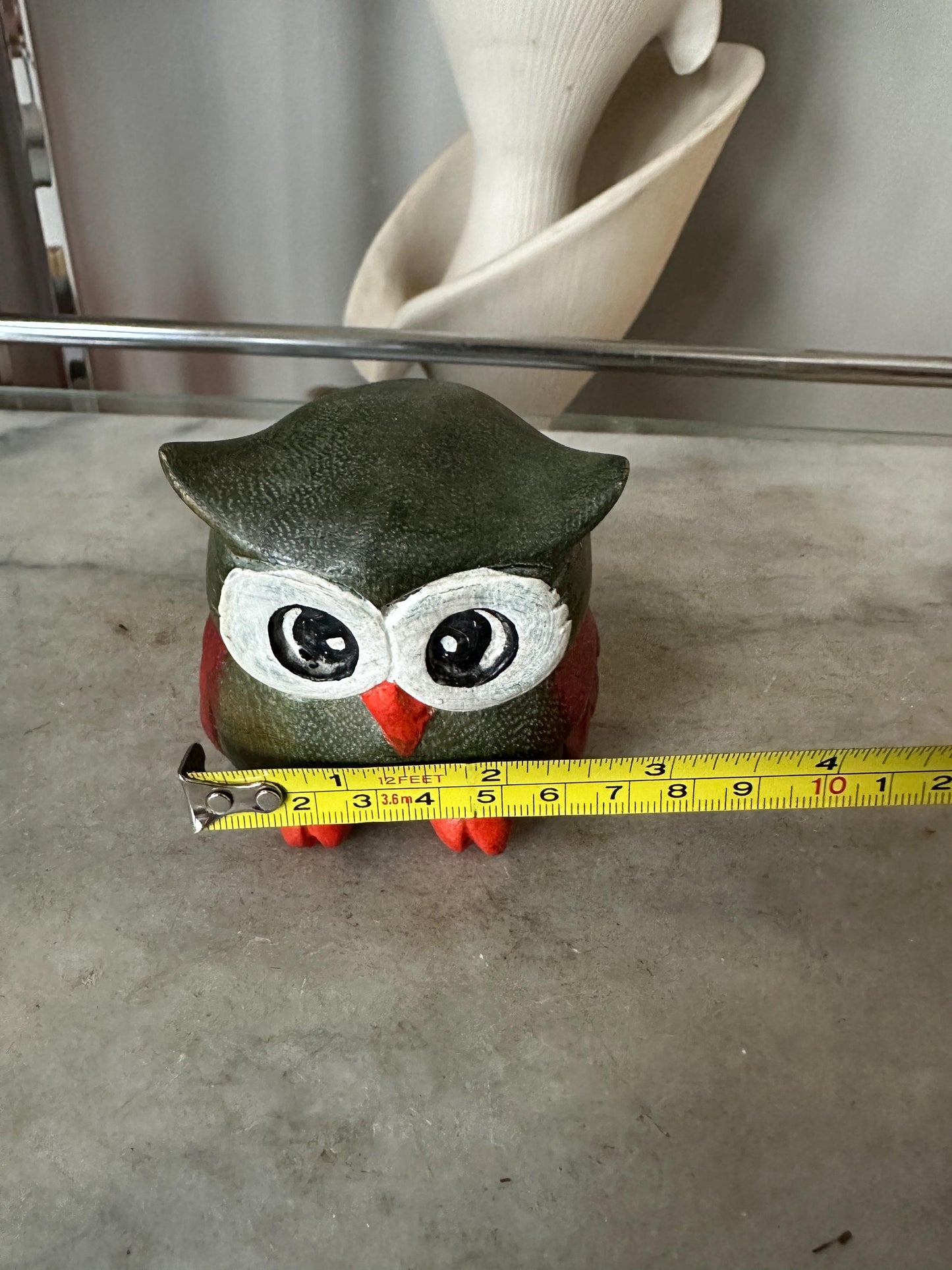 Whimsical Carved Wooden Owl Figurine | Owl Statue , Grey, White, Orange and Black