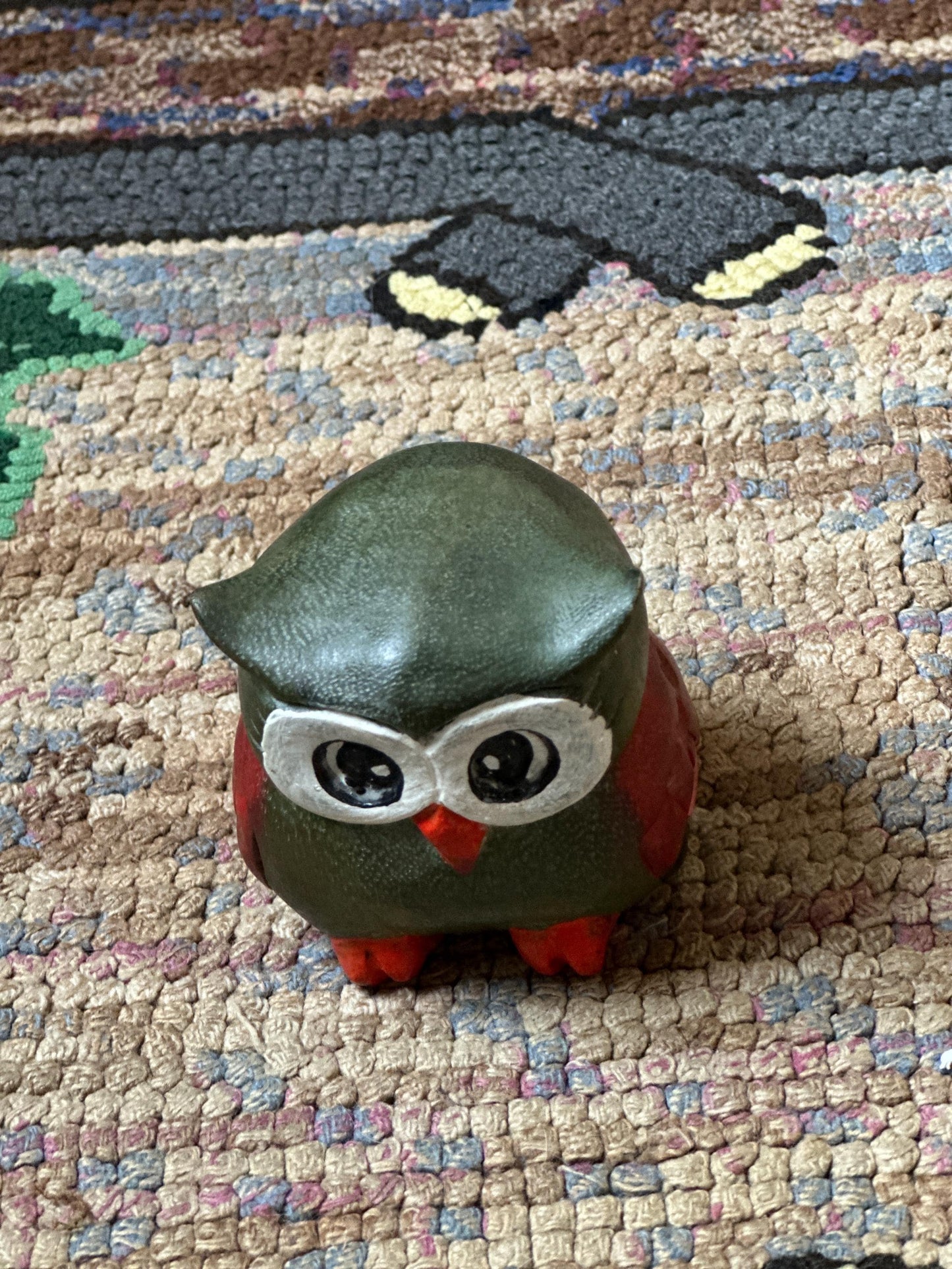 Whimsical Carved Wooden Owl Figurine | Owl Statue , Grey, White, Orange and Black