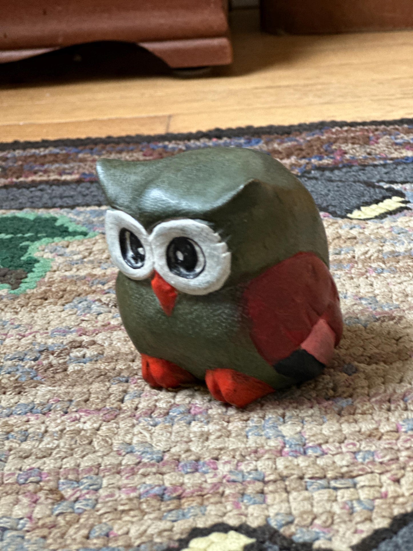 Whimsical Carved Wooden Owl Figurine | Owl Statue , Grey, White, Orange and Black