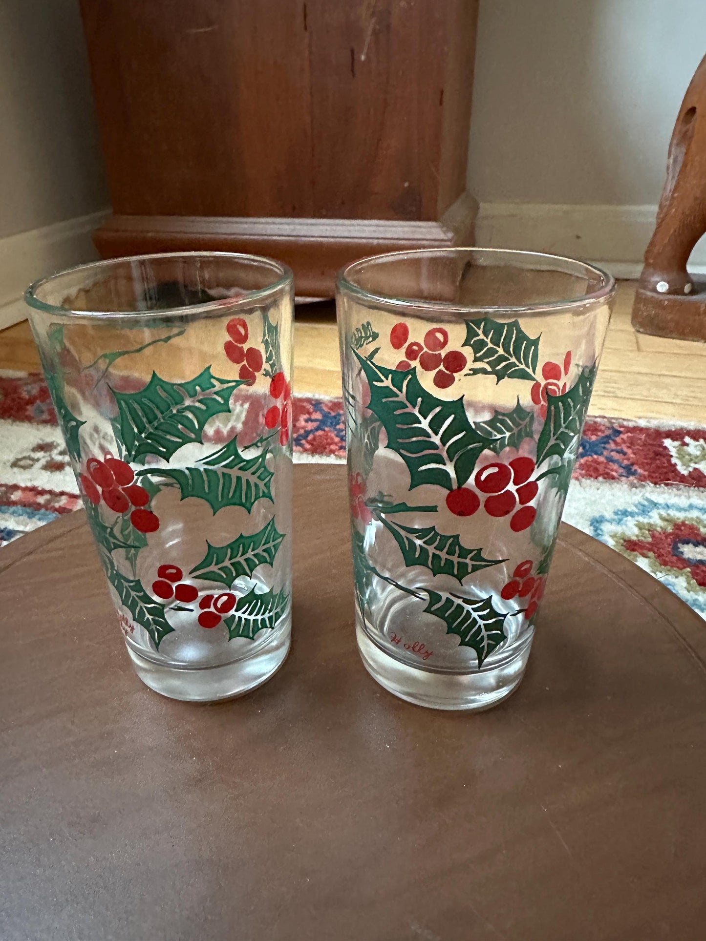 Vintage Bartlett Collins Holly Glasses, Mid-Century Christmas Tumblers (Set of 2)