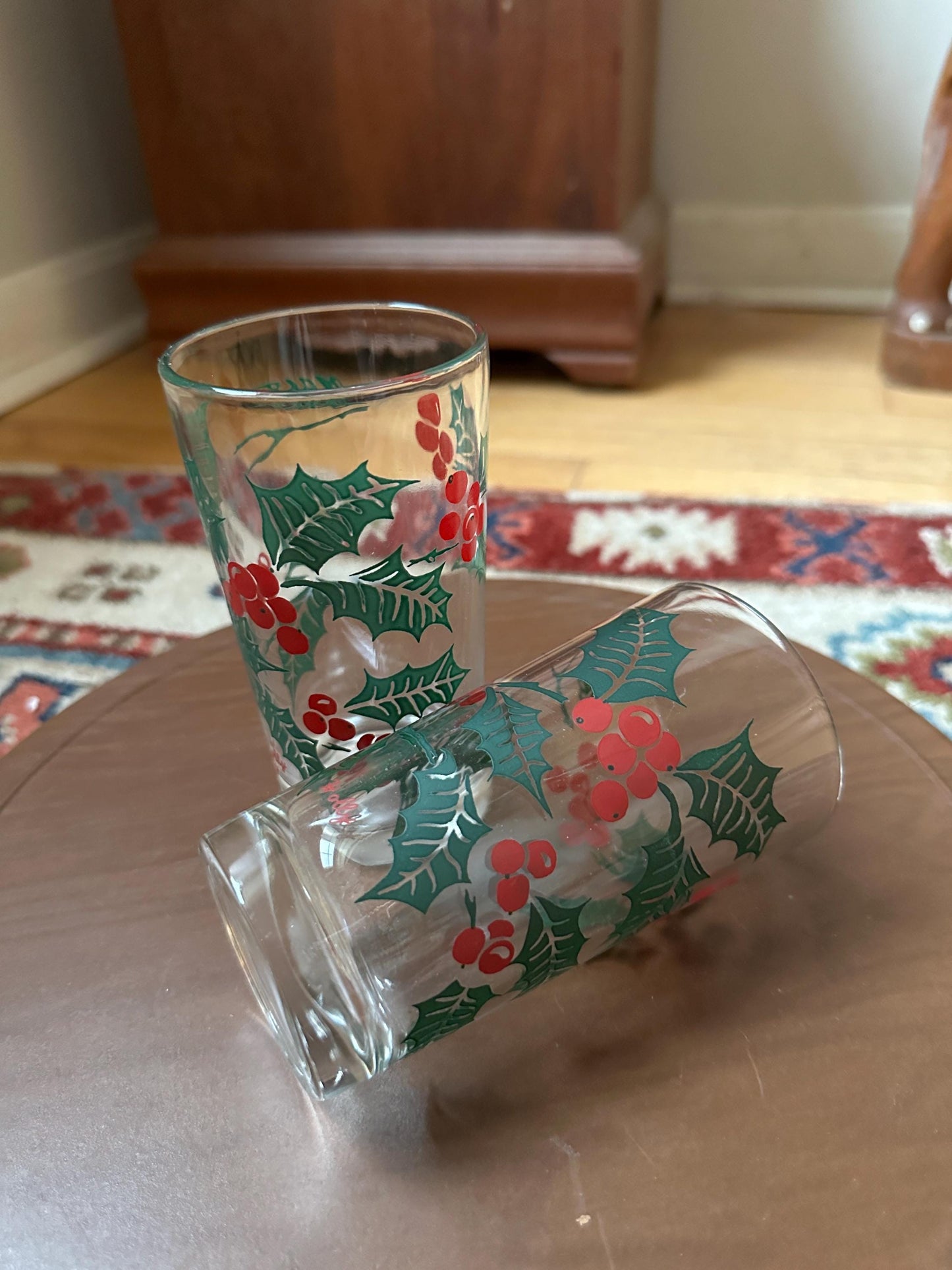 Vintage Bartlett Collins Holly Glasses, Mid-Century Christmas Tumblers (Set of 2)