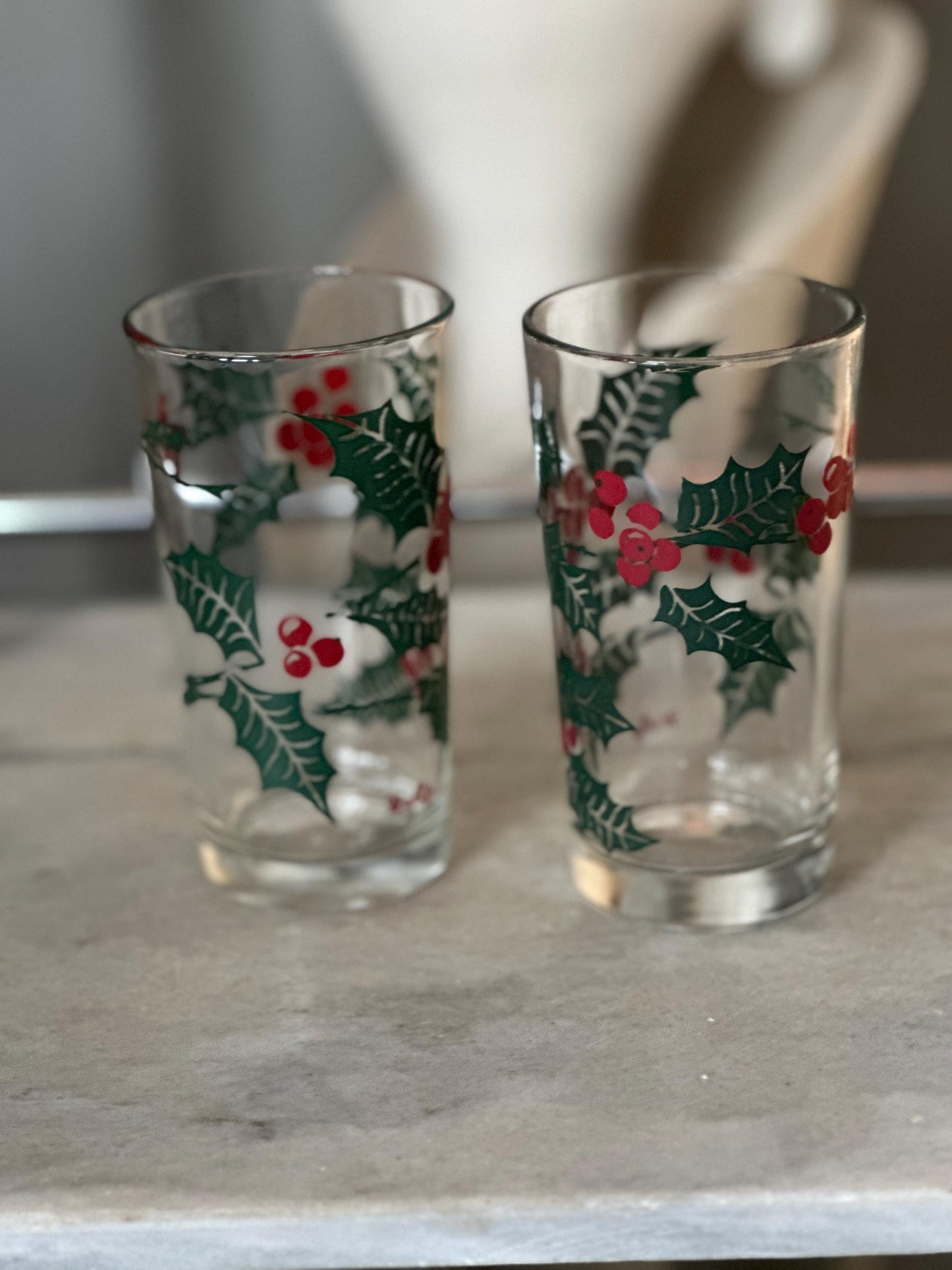 Vintage Bartlett Collins Holly Glasses, Mid-Century Christmas Tumblers (Set of 2)