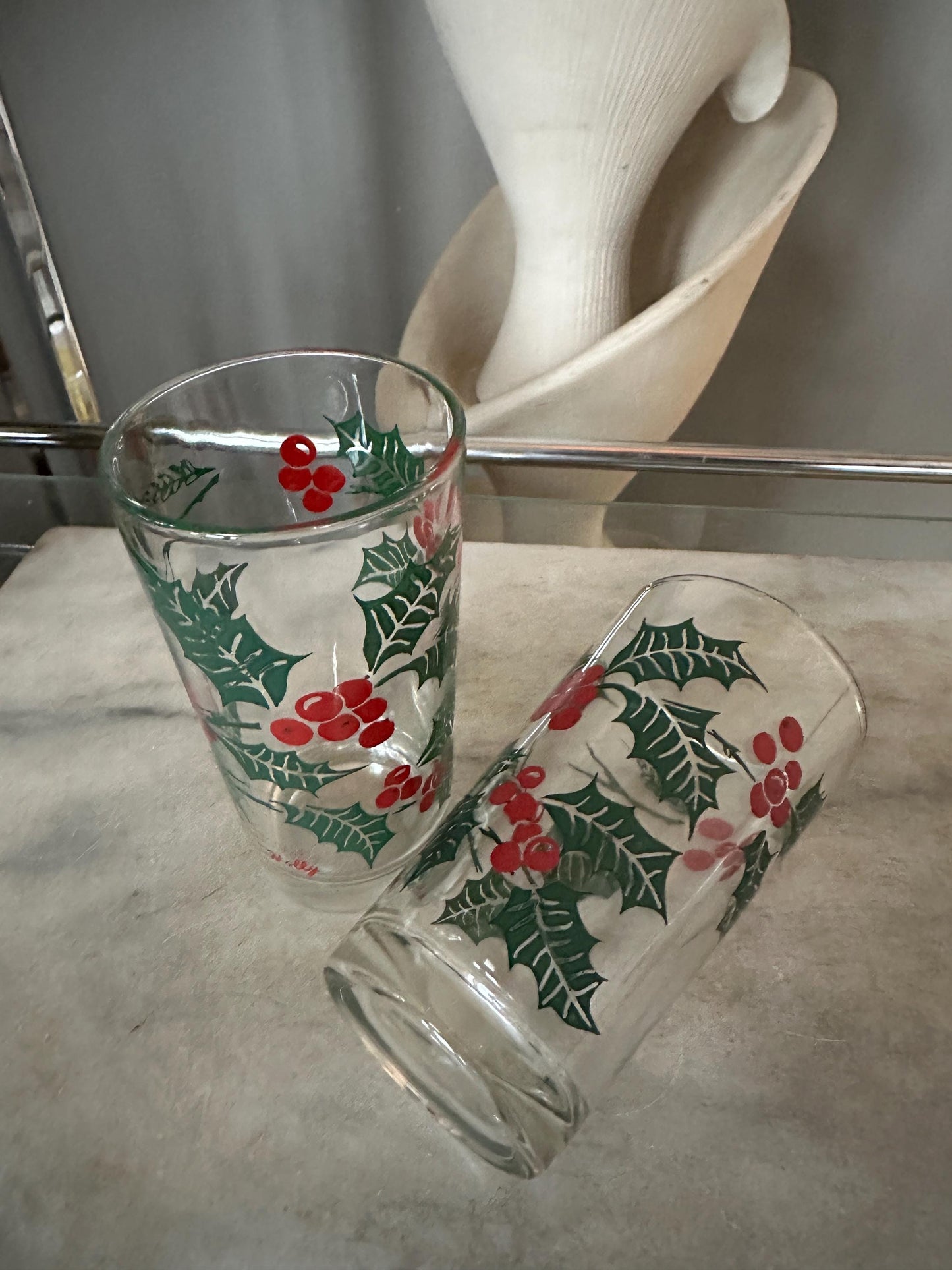 Vintage Bartlett Collins Holly Glasses, Mid-Century Christmas Tumblers (Set of 2)