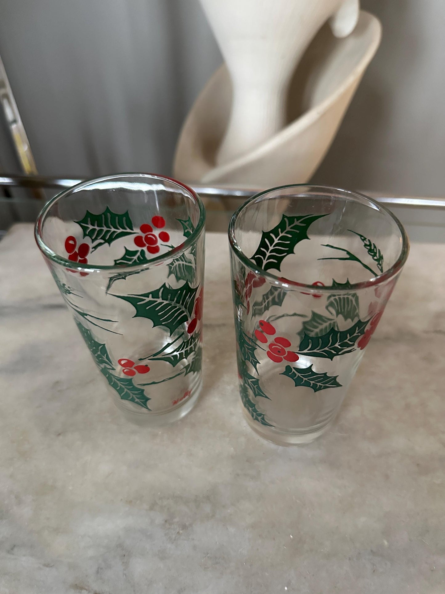 Vintage Bartlett Collins Holly Glasses, Mid-Century Christmas Tumblers (Set of 2)