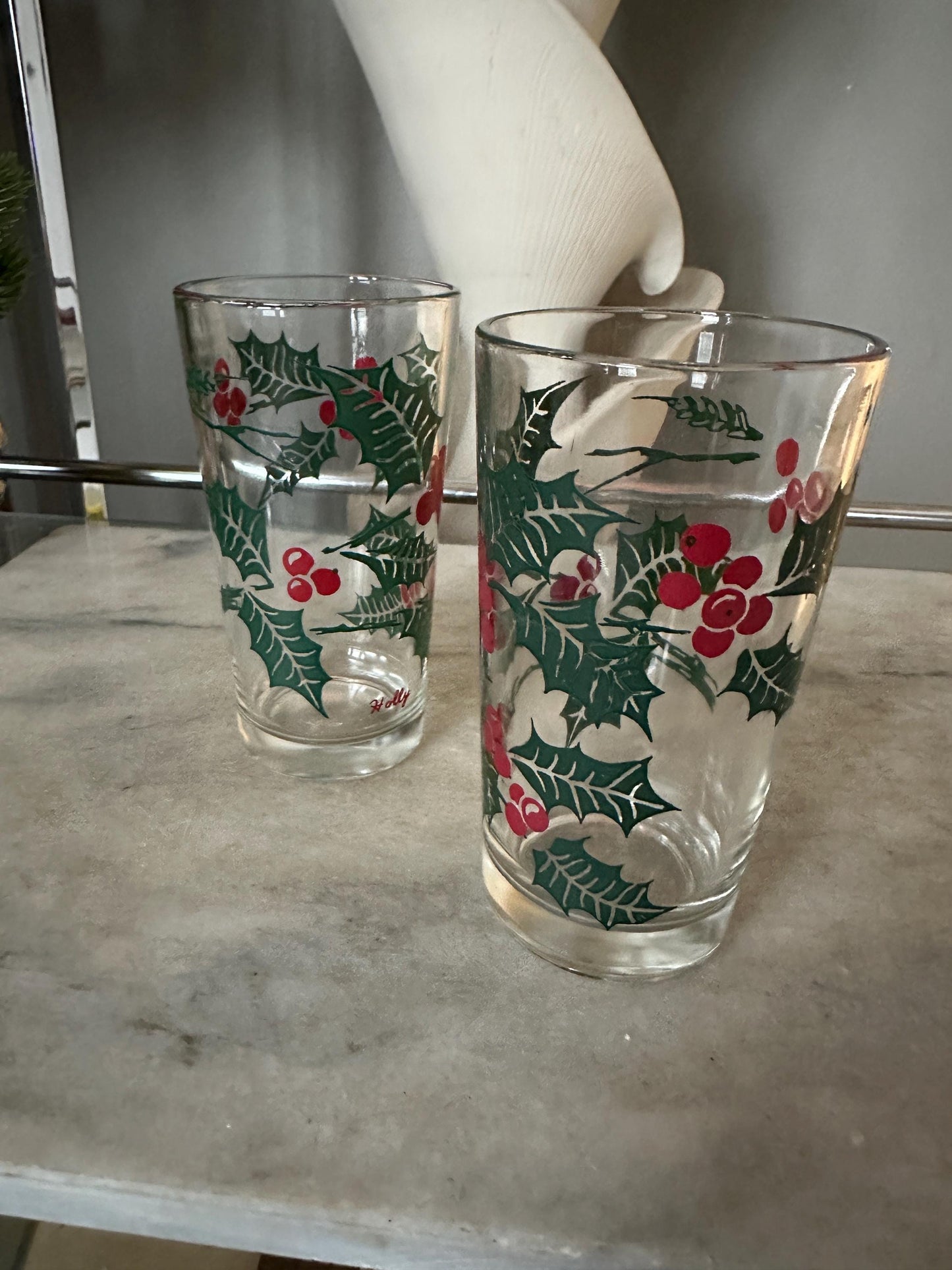 Vintage Bartlett Collins Holly Glasses, Mid-Century Christmas Tumblers (Set of 2)