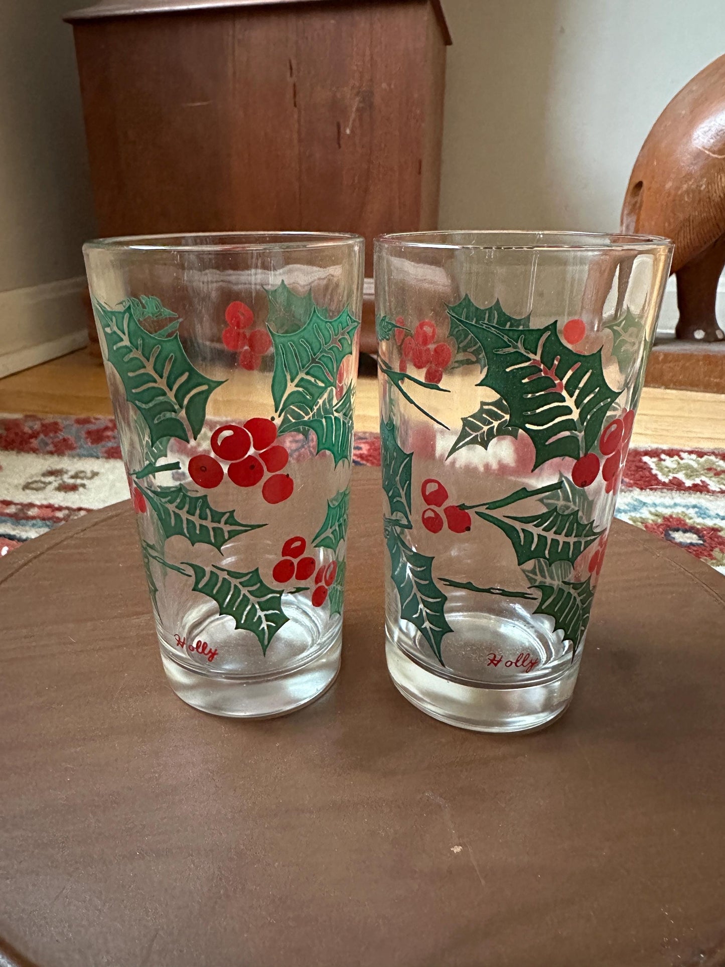 Vintage Bartlett Collins Holly Glasses, Mid-Century Christmas Tumblers (Set of 2)