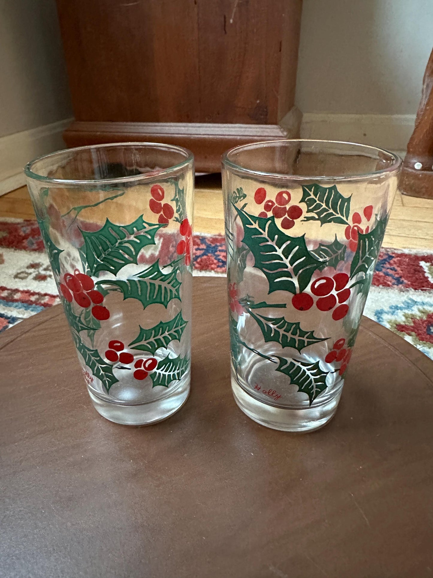 Vintage Bartlett Collins Holly Glasses, Mid-Century Christmas Tumblers (Set of 2)